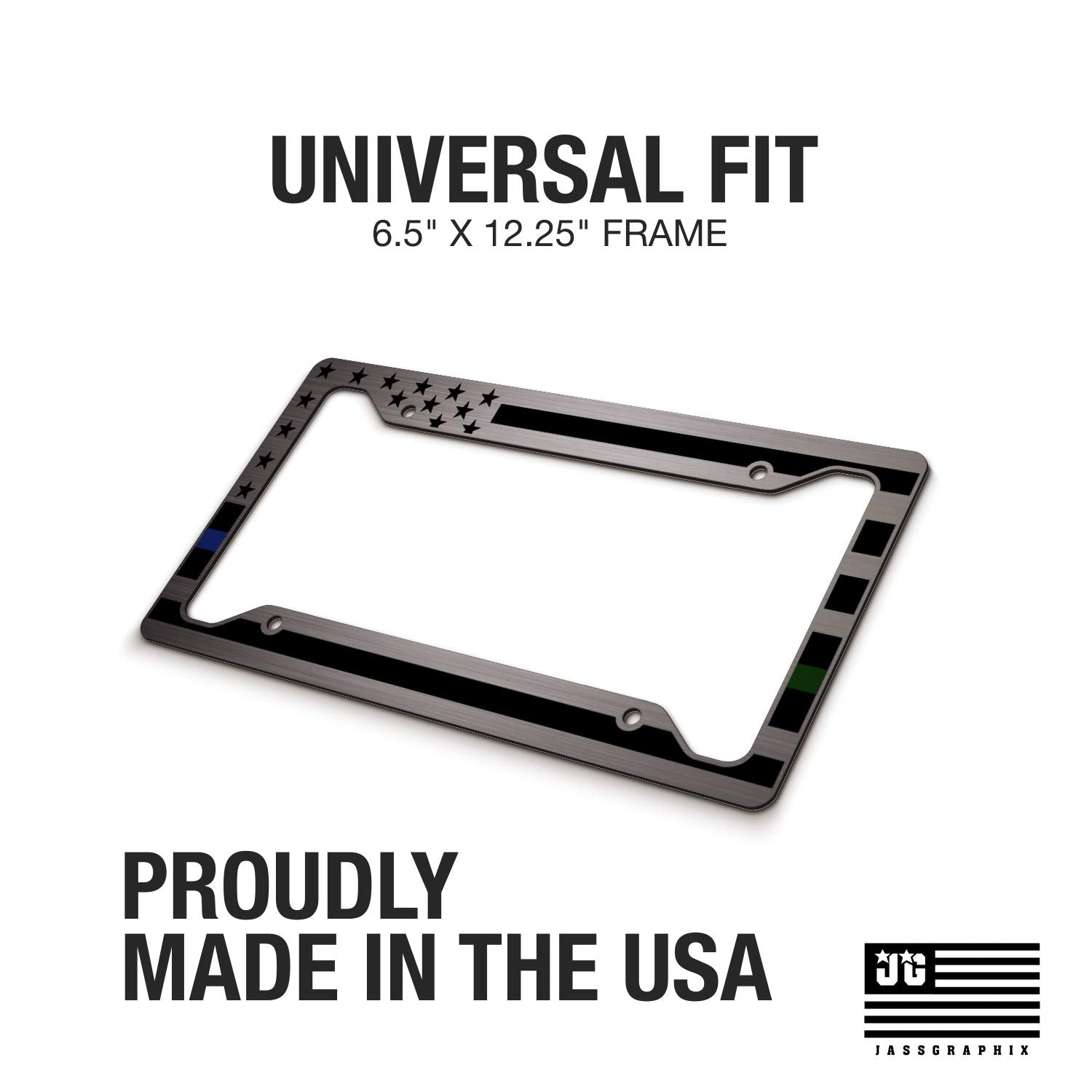 American Flag License Plate Frame - Thin Blue Line Thin Green Line- Car Tag Frame -Blue Green On Brushed Police Miltary Border P