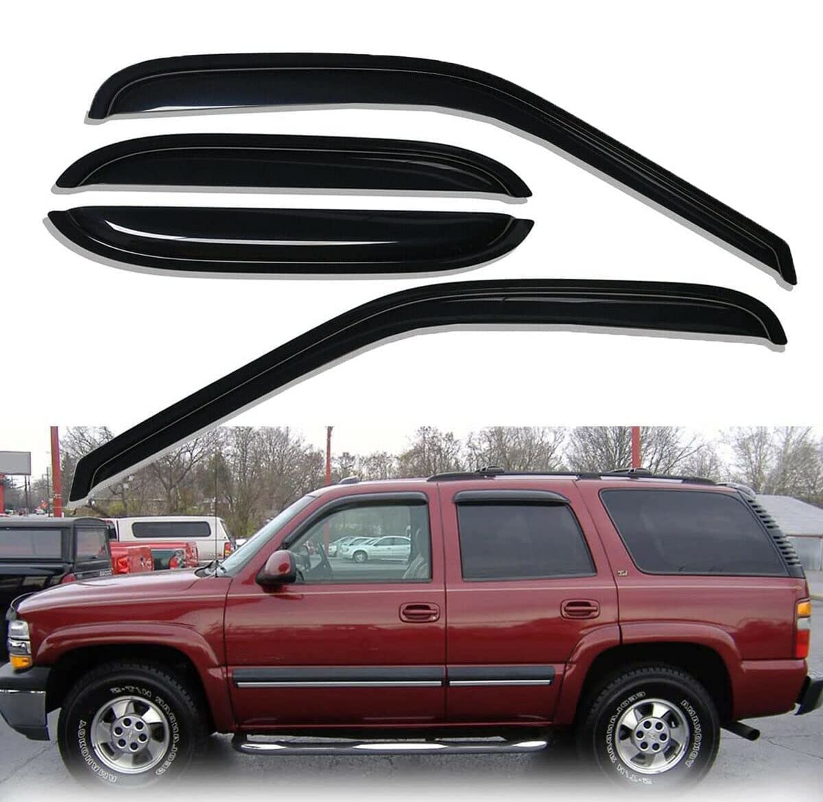 Zzdsnj Tape-On Window Visors 4-Piece For 2000-2006 Chevy Tahoe Sun Rain Guard Shield Shade Smoke 94304