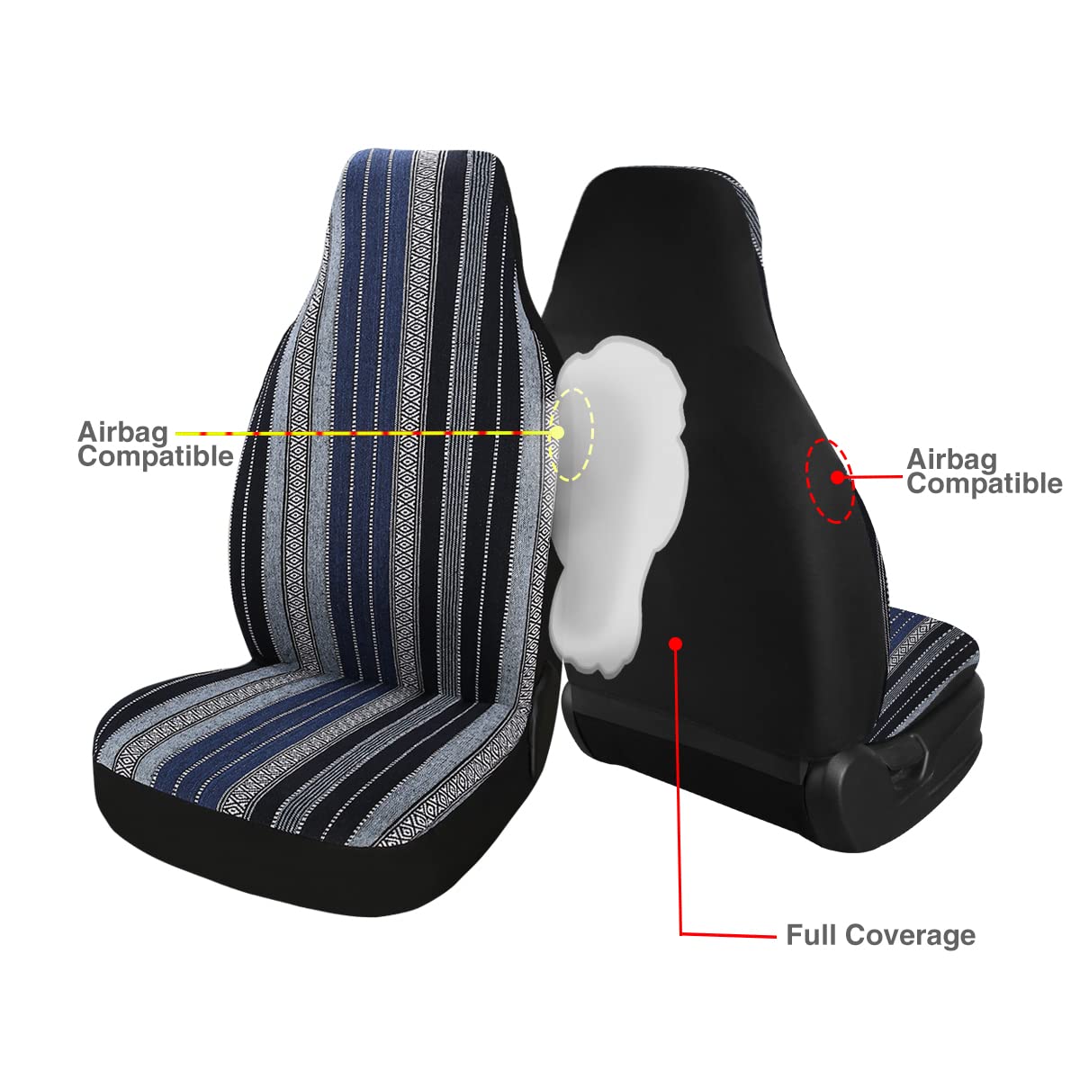 Ponyjoyup Baja Saddle Blanket Car Seat Covers 7Pcs Full Set, Breathable And Washable Striped Woven Automotive Vehicle Seat Cover Universal For Sedan, Suv, Truck, Airbag Compatible