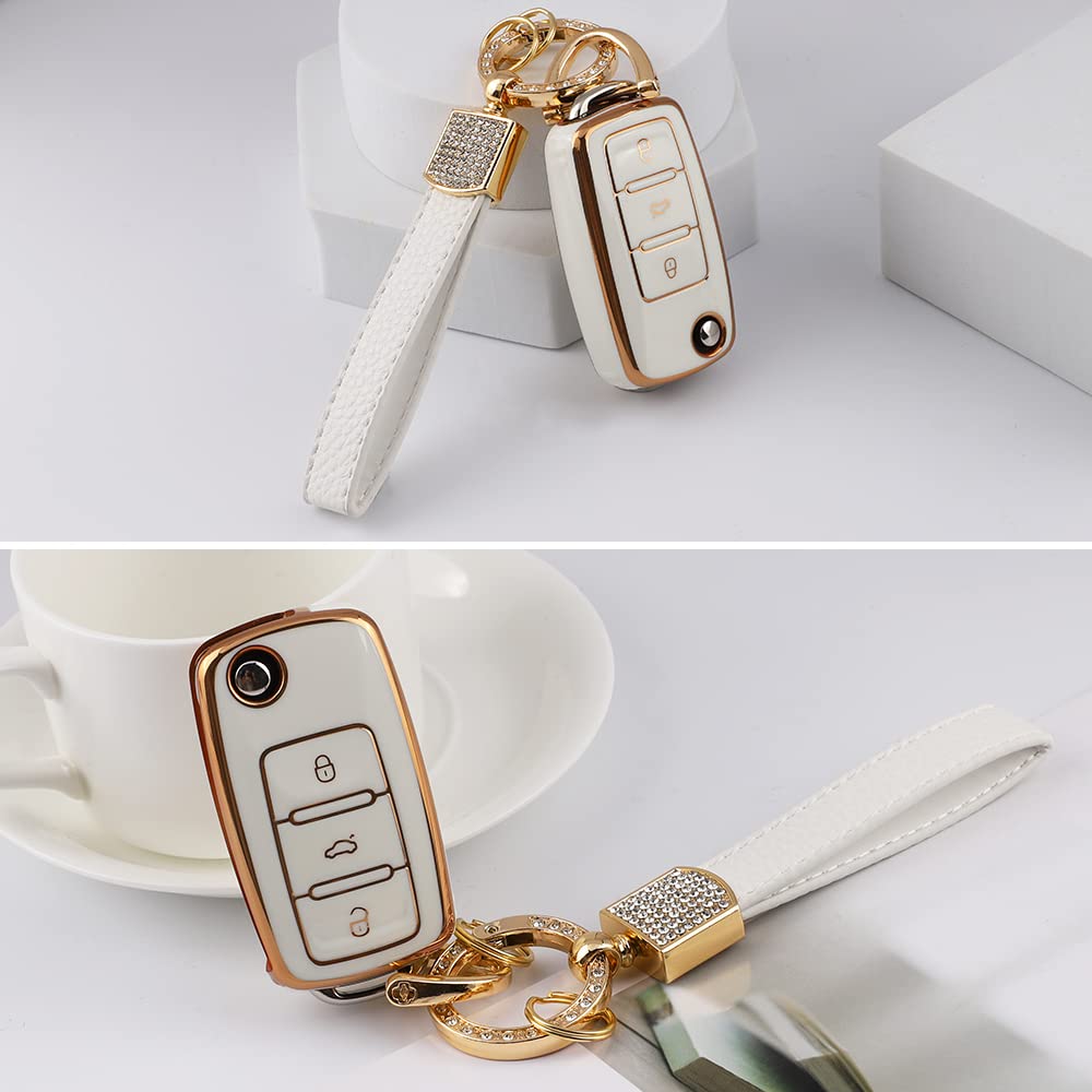 1797 For Vw Volkswagen Key Fob Cover Jetta Beetle Tiguan Passat Golf Accessories Car Keychain Bling Case Shell Protector Girly Cute 3 Button White Gold Tpu