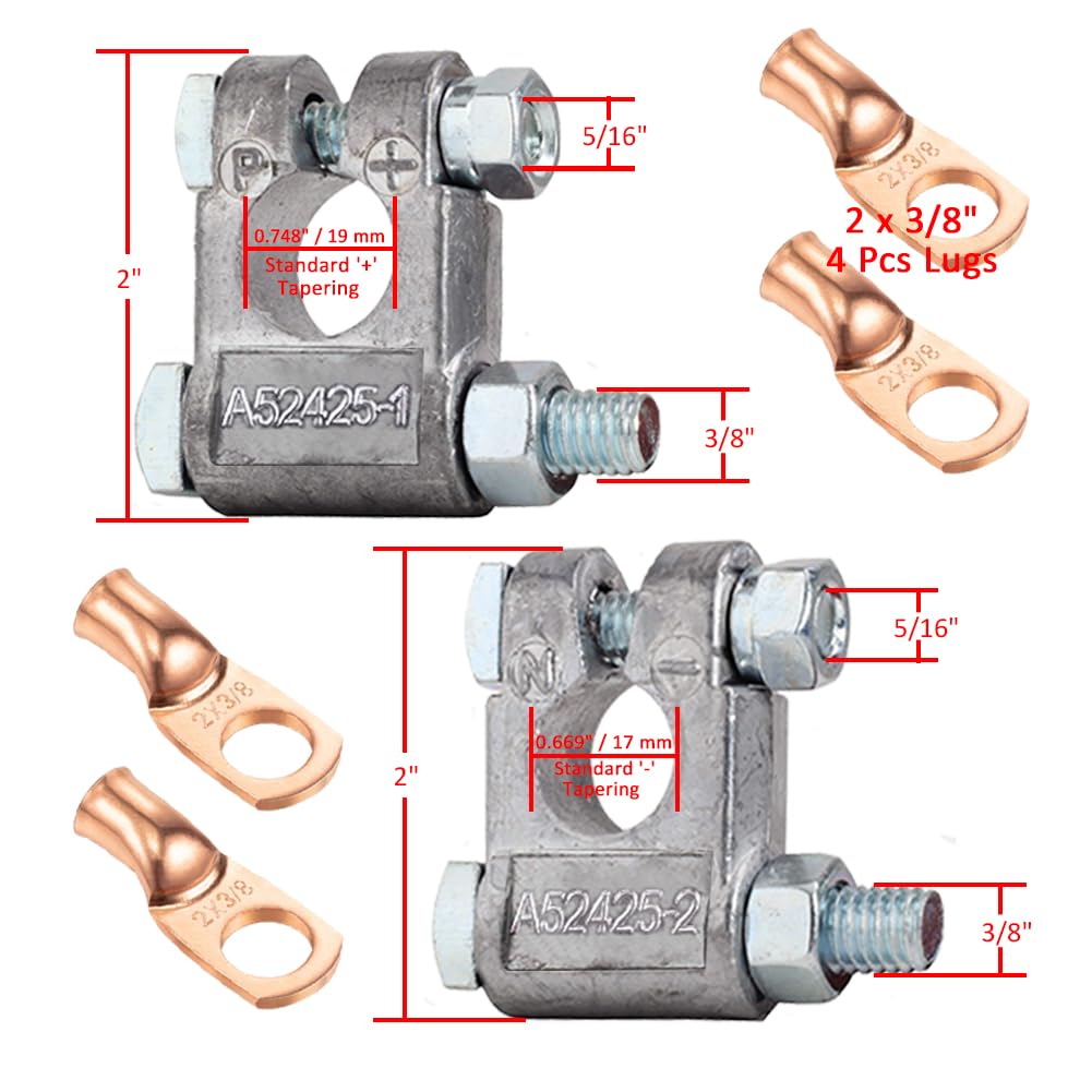 Ampper Military Spec Battery Terminal Top Post Kit With Cover, 4 Copper Lugs And Heatshrink For Marine Car Boat Rv Vehicles And