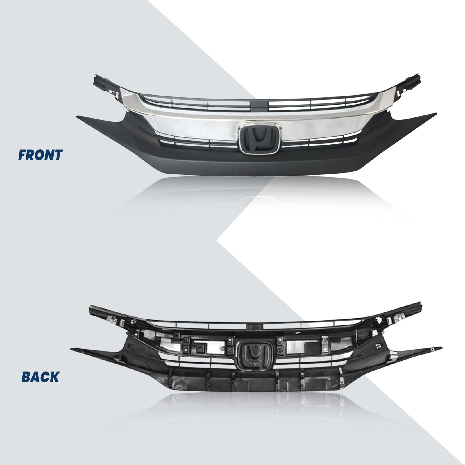 Kspeed Front Bumper Grille for 2016 2017 2018 Honda Civic, Black with Chrome Molding Front Upper Hood Grill Replacement Part