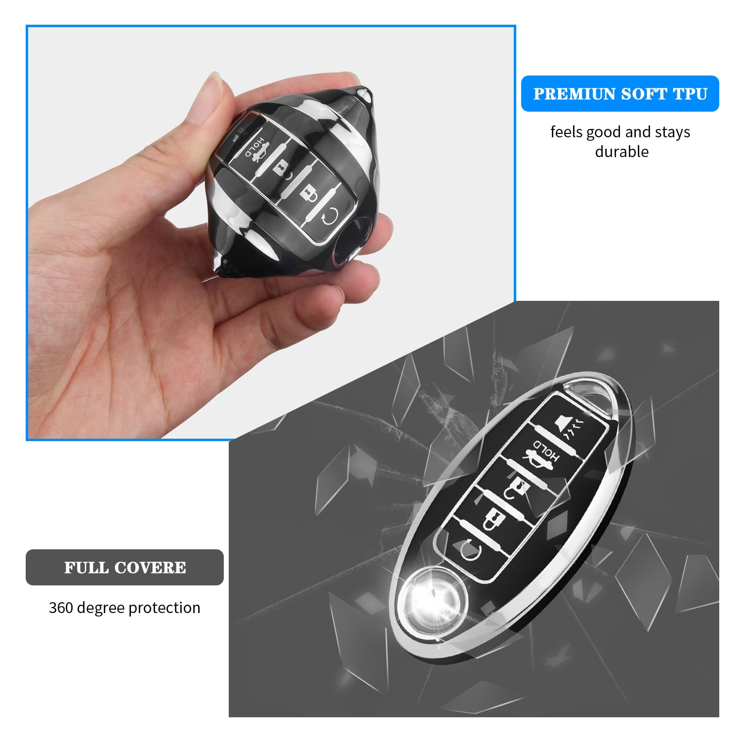 Qbuc For Nissan Key Fob Cover,Soft Tpu 360Car Key Case Protector With Keychain Compatible With Altima Sentra Rogue Pathfinder Mu