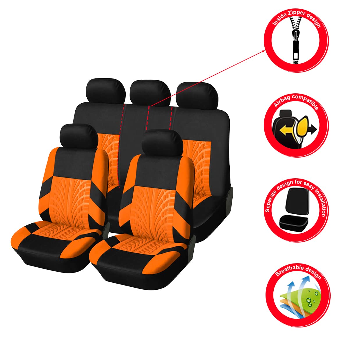 Car Seat Covers Full Set, Polyester Front Bucket Seat Protectors With Split Bench Back Seat Covers, Breathable Thicken Premium Sporty Seat Cushions, Auto Accessories For Car, Suv (Orange/Front,Back)