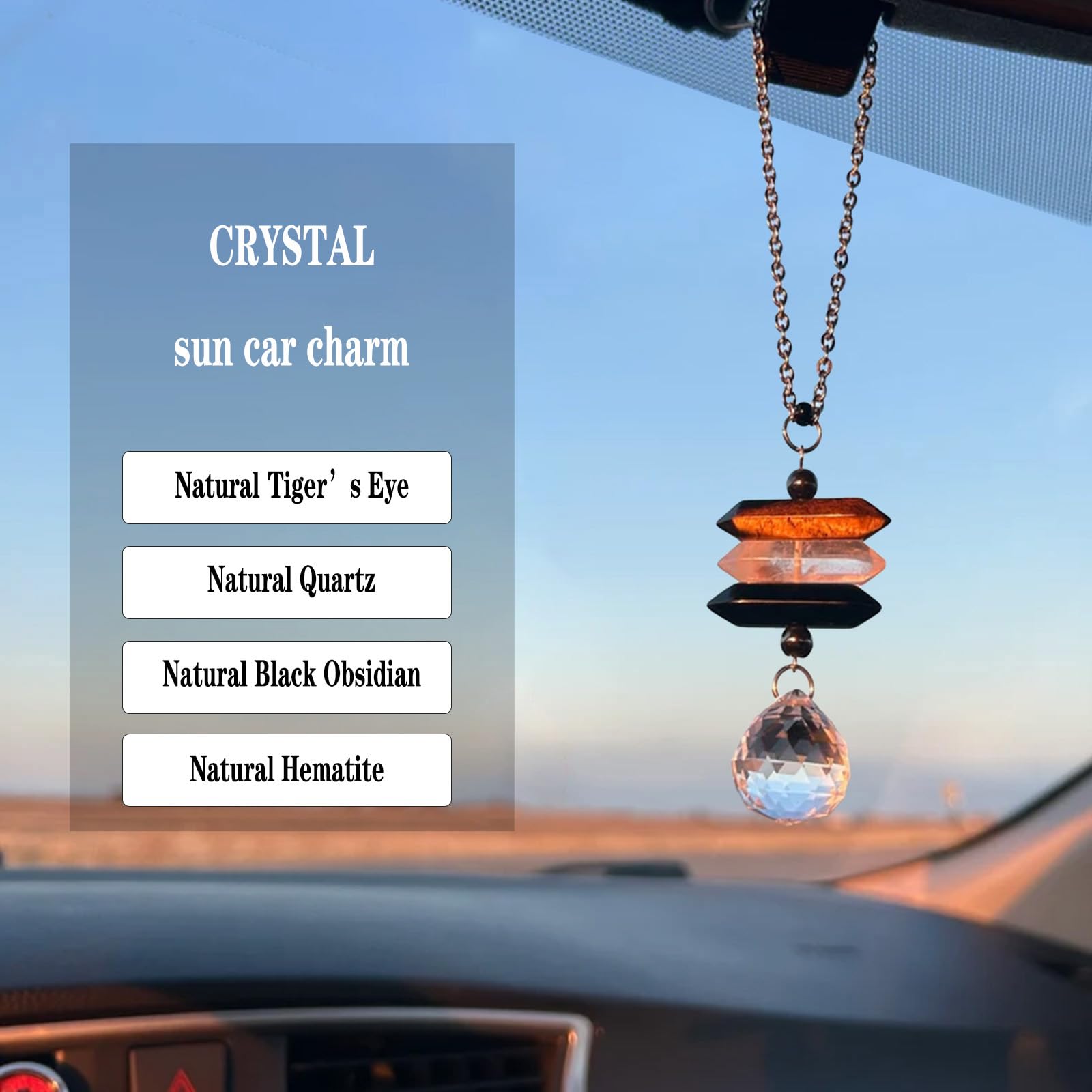Crystal Hanging Car Charm,Cute Healing Stones Car Decor For Rear View Mirror,Boho Handmade Sun Catcher Ornament Accessories,Tige