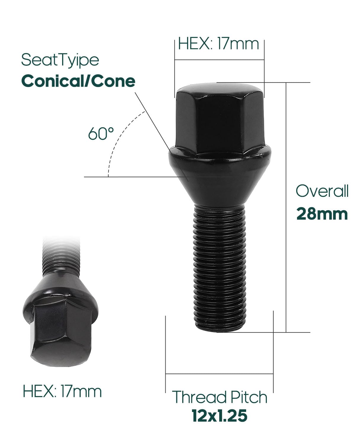 Scitoo 20Pcs Wheel Bolts 12X1.25 Lug Nuts Studs M12X1.25 Black Shank Length 28Mm Hex Size17Mm Wheel Studs For Jeep Compass For J