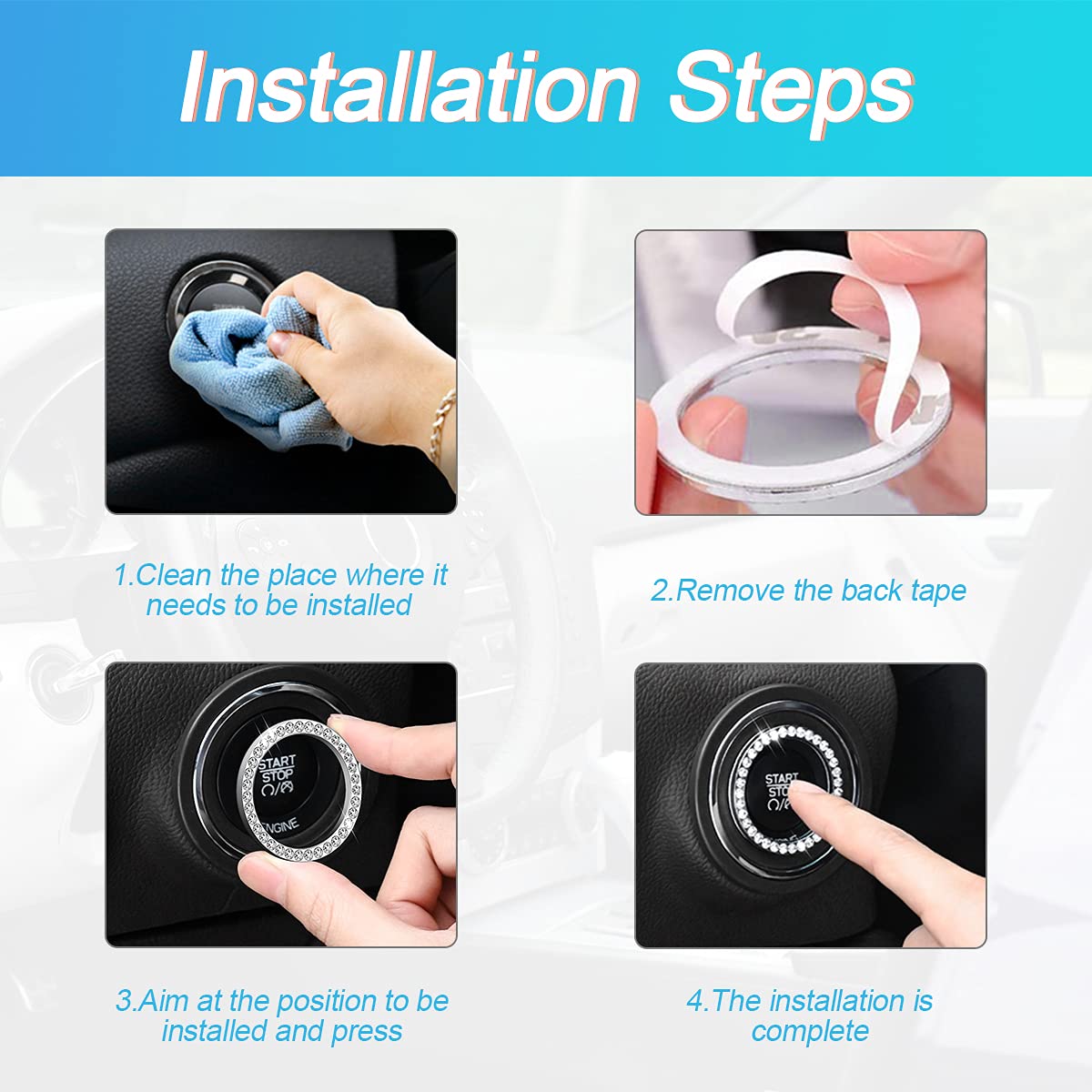 Car Bling Rhinestone Engine Start Ring Stickers, 1 Single Drainage Drill And 1 Double Drainage Drill Car Start Button Cover, Key