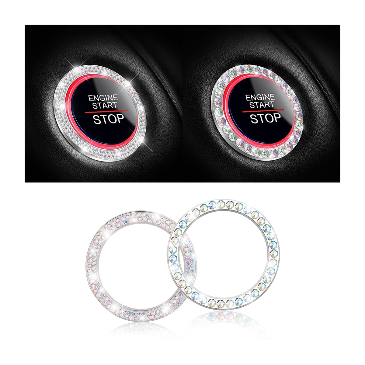 Car Bling Rhinestone Engine Start Ring Stickers, 1 Single Drainage Drill And 1 Double Drainage Drill Car Start Button Cover, Key