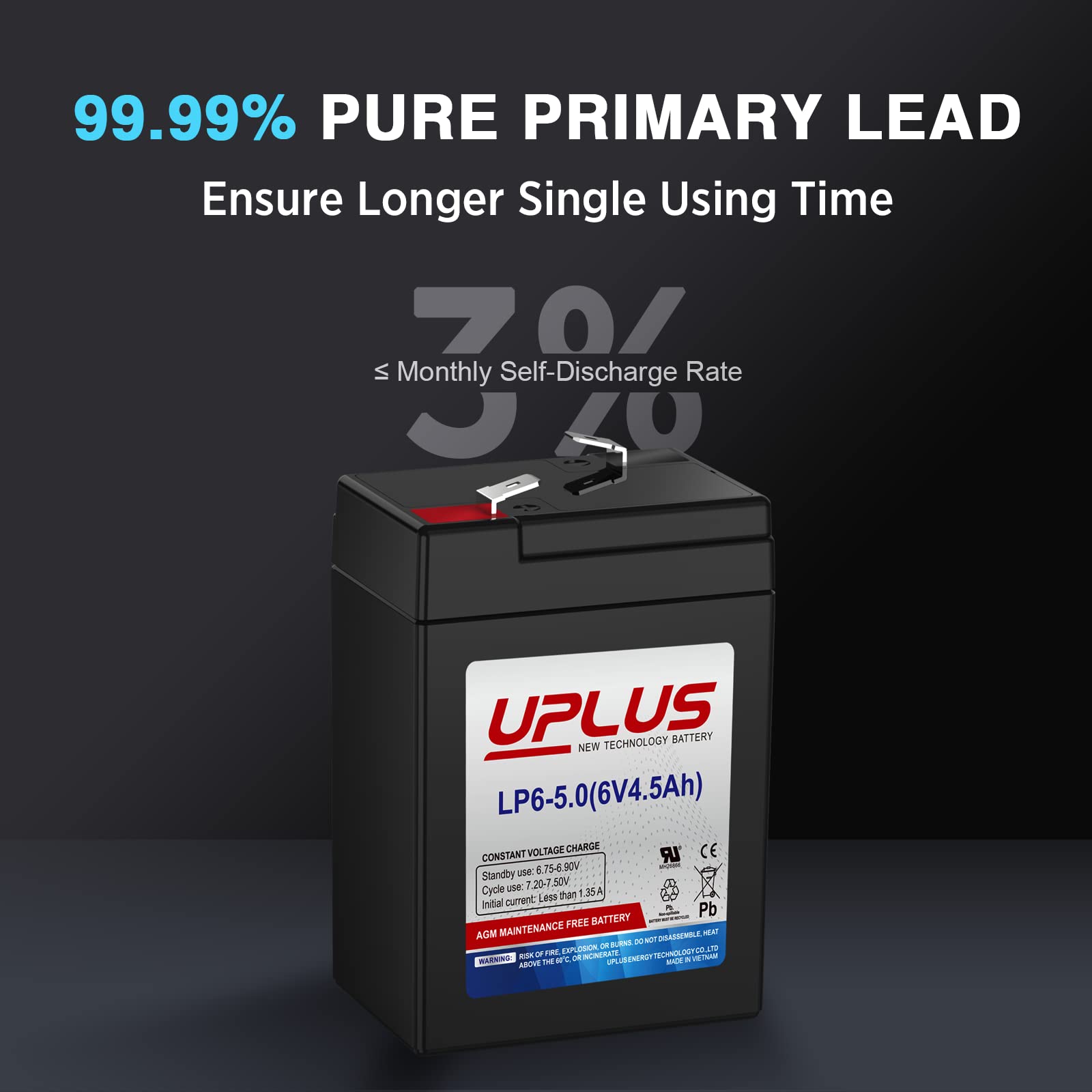 Uplus 6V 4.5Ah Rechargeable Agm Battery, Lp6-5.0 Sla Replacement Batteries For Auto Deer Feeder, Kids Power Wheels, Game Hunting
