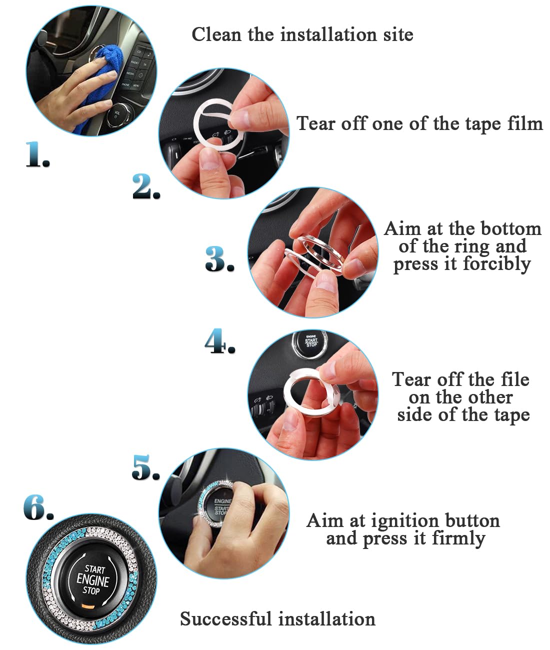 Tobequeen Teal Bling Push Start Button Cover Emblem Sticker, Crystal Diamond Rhinestone Blue Engine Start Ring Car Decor, White