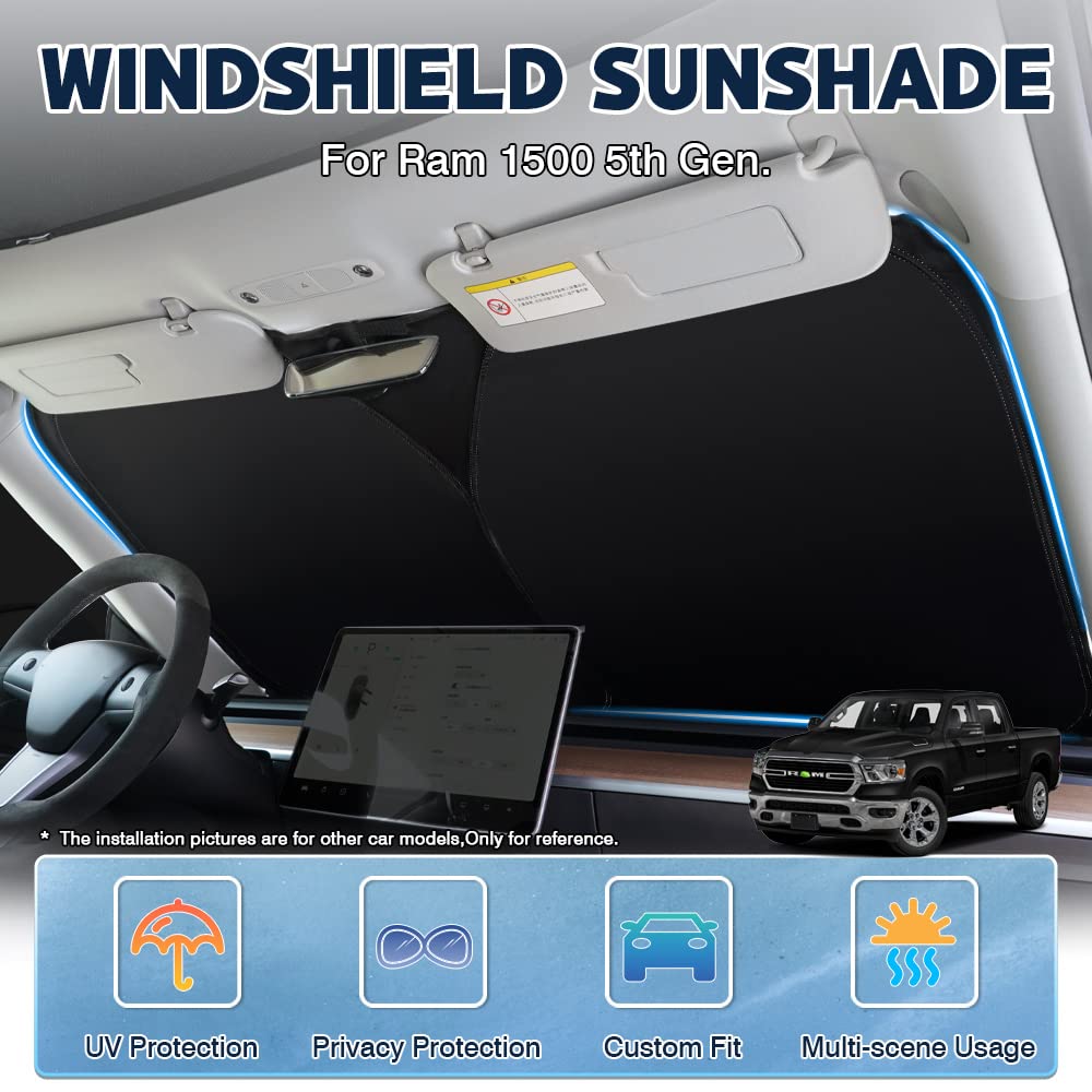 Karltys Front Windshield Sun Shade For 2019-2024 2025 Dodge Ram 1500, Foldable Window Sunshade Cover Custom Fit Ram 1500 Truck,