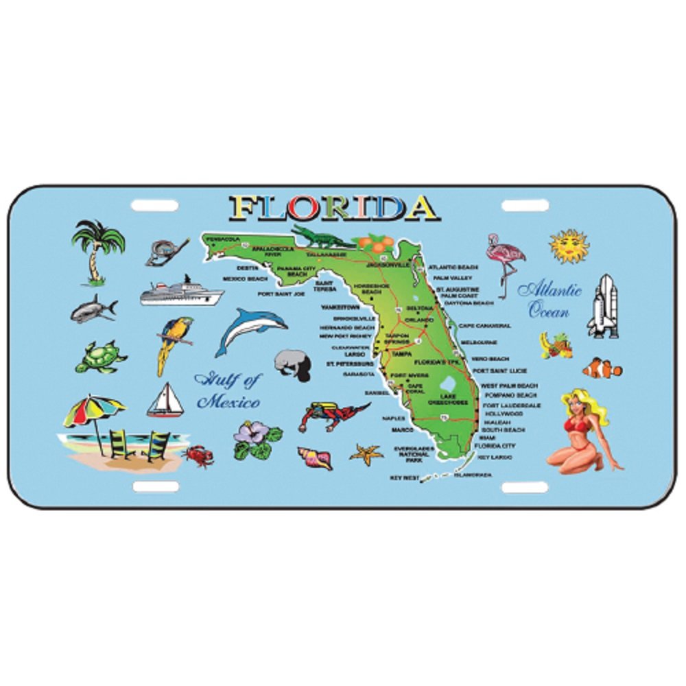 License Plate Florida Souvenir Gift 6''x12'' Metal Sunshine State Map Blue Official Car Tag Plates Miami, Key West, Orlando, Sou