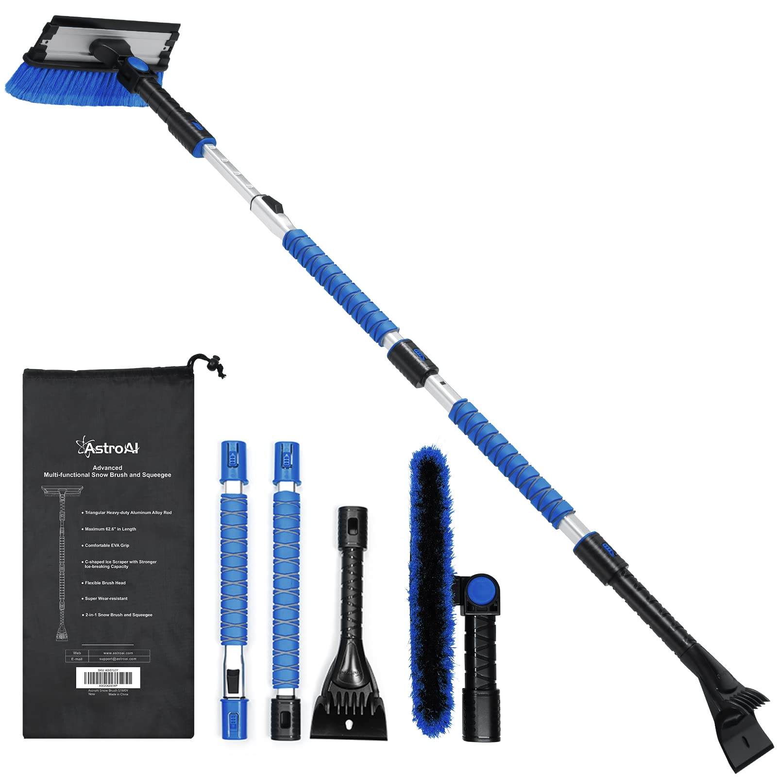 Astroai 62.4'' Ice Scraper And Snow Brush With Squeegee, Extendable, Detachable Pivoting, Anti Scratch, Durable Aluminum Body, S
