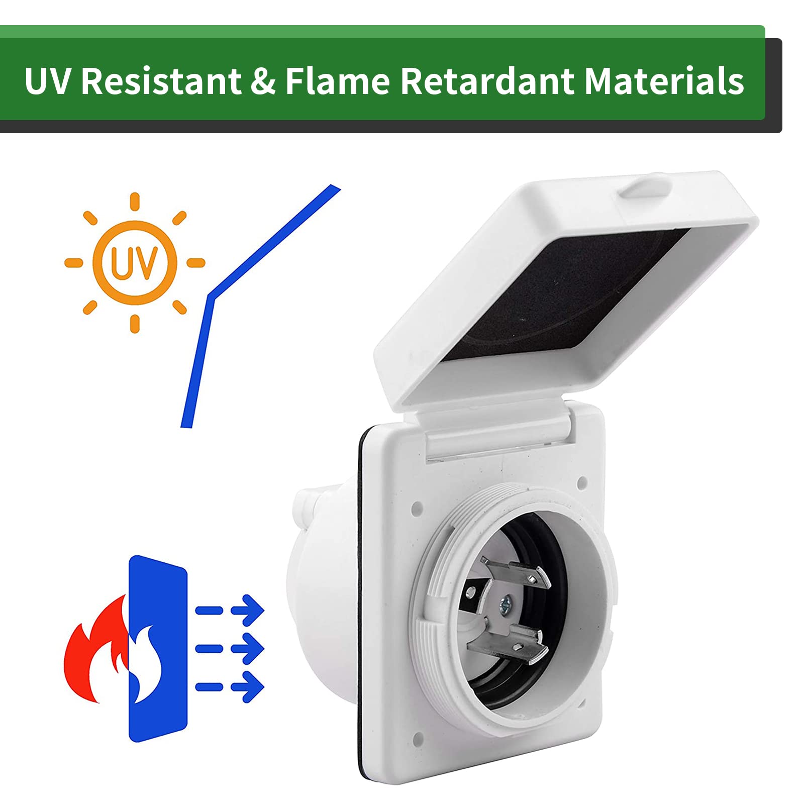 Rvguard 125V 30 Amp Rv Power Inlet, White, Twist Locking, Power Plug With 3 Stainless Steel Pins And Screws