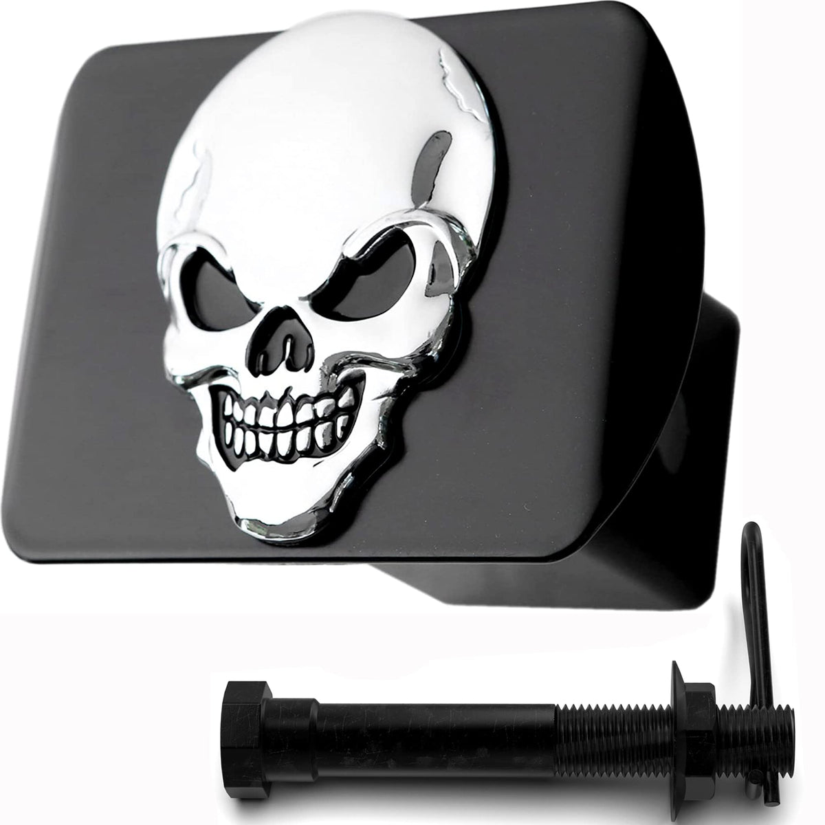 100% Metal Skull 3D Emblem Trailer Hitch Cover Fits 2'' Receivers (Chrome On Black)
