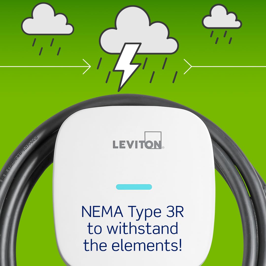 Leviton Level 2 Smart EV Charger with Wi-Fi, 40 Amp, 9.6kW Output, 25' Cable, NEMA 14-50P, Indoor/Outdoor Plug-In EV Charging St