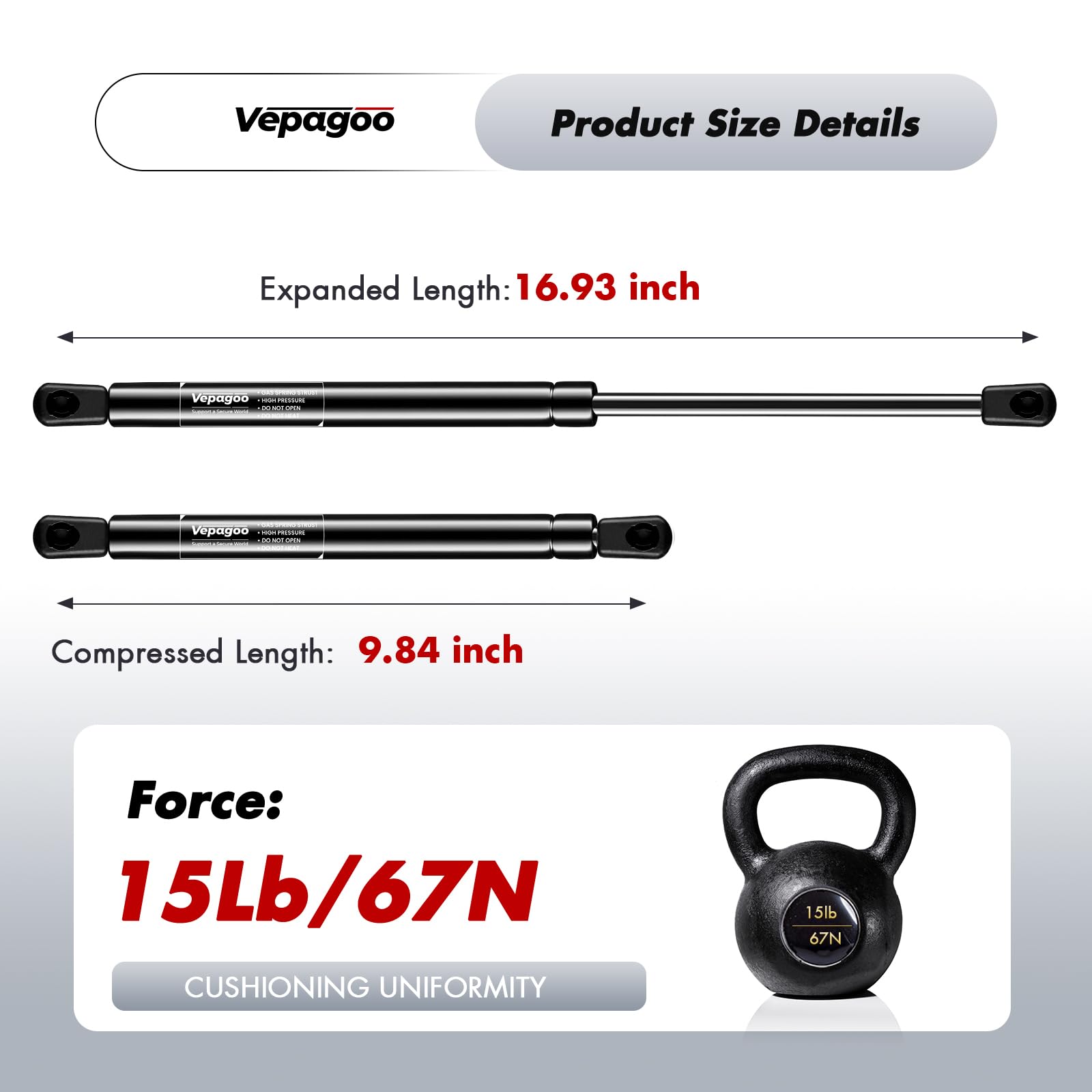Vepagoo C1613725 17 Inch 15Lb/67N Gas Shocks Struts Lift Support For Leer Are Camper Shell Truck Topper Rear Window, Pickup Cab