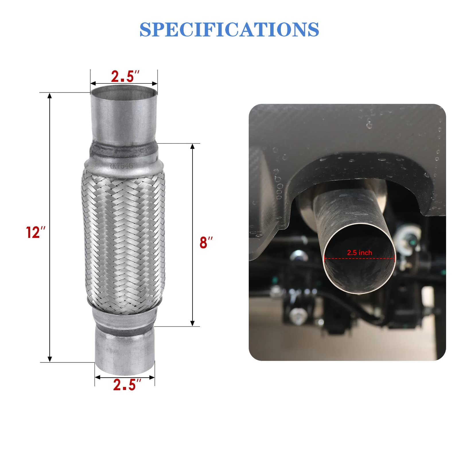 Rp Remarkable Power, Rk7546-2.5'' X 8'' Heavy Duty Stainless Steel Exhaust Flex Pipe 12'' Ol, 2 Pack