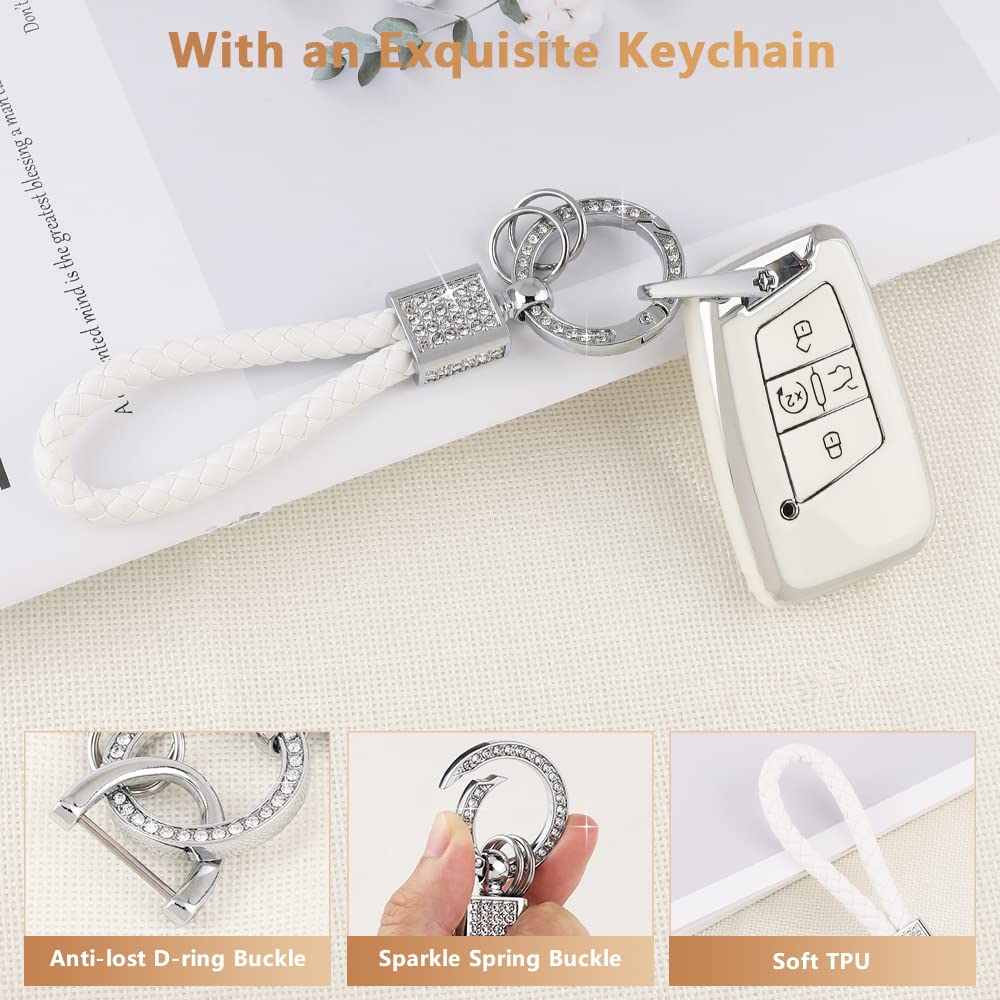 Pifoog Key Fob Cover For Vw Soft Tpu 4 Button Keys Case Shell Protector Glitter Keychain Car Accessories For Volkswagen Jetta Tiguan Atlas Arteon Taos Girly Cute White Gold