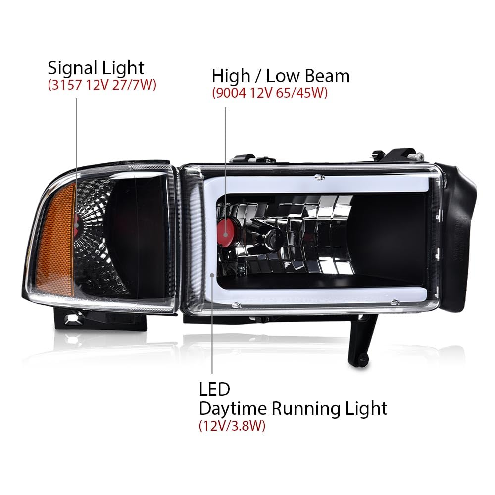 G-Plus Led Light Strip Headlights W/O Bulbs, Compatible With Dodge Ram 1500 1994-2001/Fit Ram 2500 3500 1994-2002 (Not Fit For S