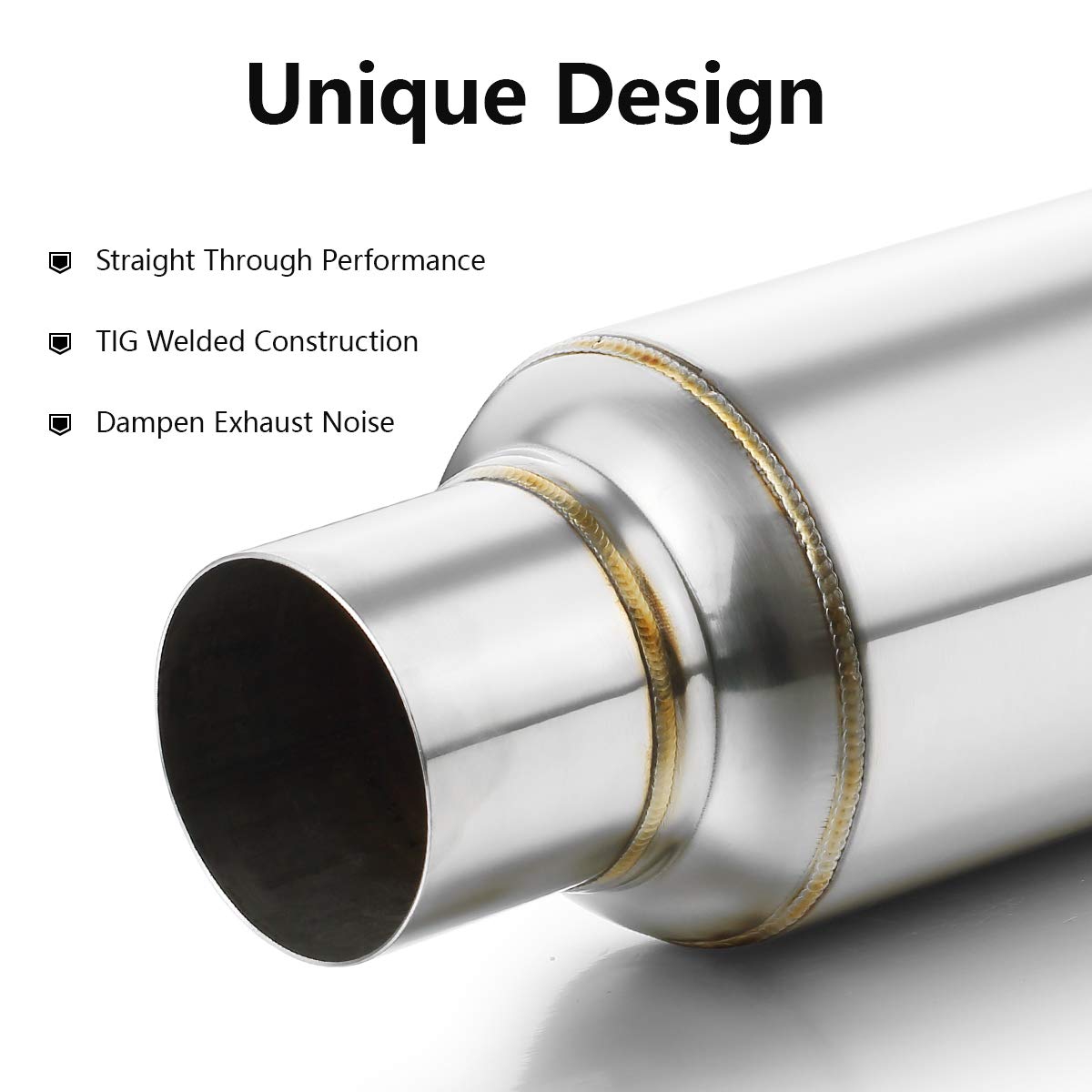 2.5' Inlet Resonator, A-Karck Stainless Steel Polished 2.5' Inlet 2.5' Outlet 16' Overall Length Exhaust Resonator Muffler Straight Through Design