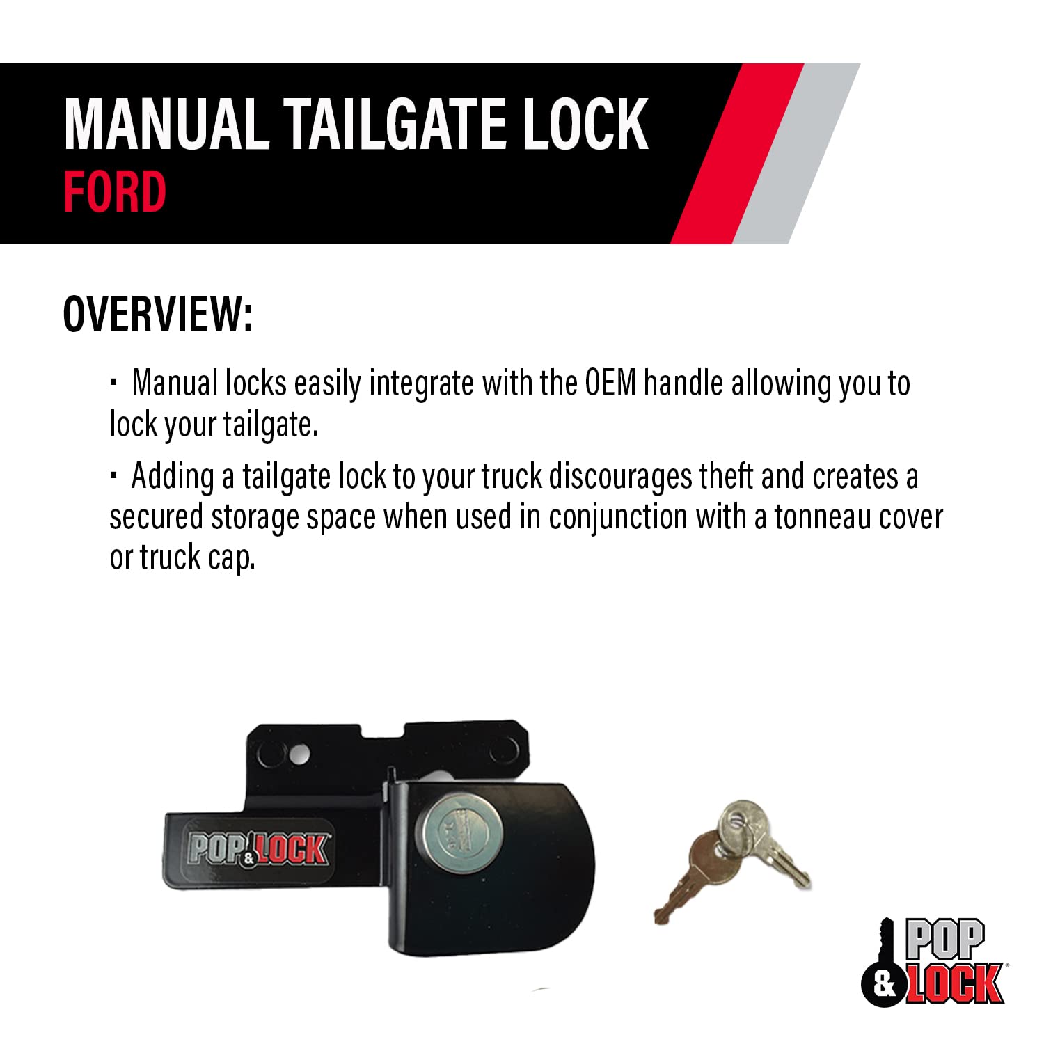 Pop & Lock PL2500 Black Manual Tailgate Lock for Ford (Works Without Factory Lock)