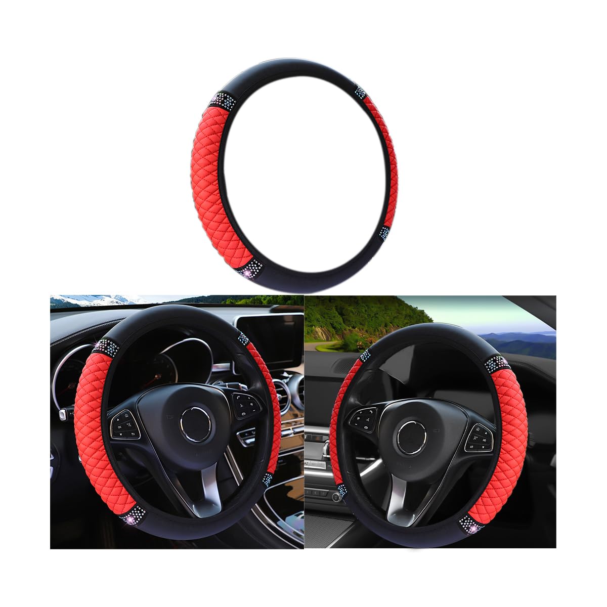 Bling Leather Steering Wheel Cover, Colorful Rhinestones Elastic Steering Wheel Protector, Pu Soft Leather With Crystal Diamond, Sparkling Car Accessories For Most Cars (Red)