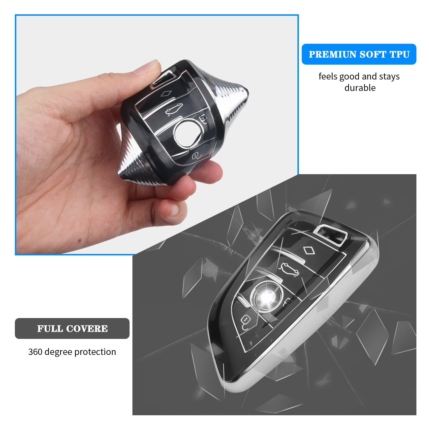 Qbuc For Bmw Key Fob Cover With Leather Keychain,For Bmw 2 5 6 7 Series X1 X2 X3 X5 X6 X7 Premium Soft Tpu Key Fob Holder (1-Bla