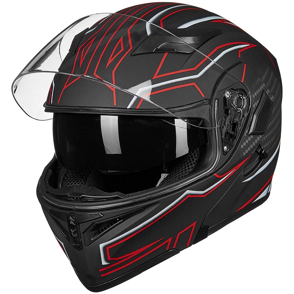 Ilm Motorcycle Dual Visor Flip Up Modular Full Face Helmet Dot Led Light Model 902L (S, Black Red - Led)