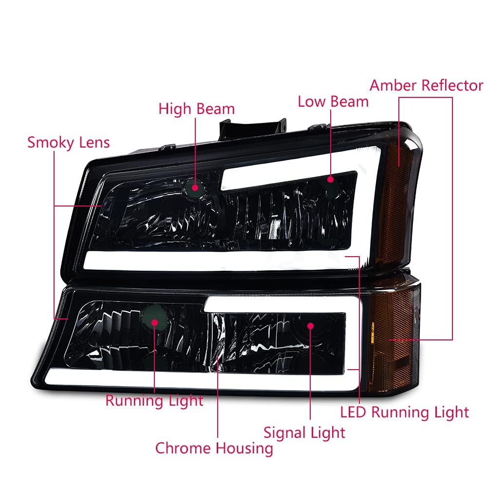 Pit66 Led Headlight Assembly Compatible With 2003-2006 Chevy Silverado Model/Avalanche 1500 2500(Fit No Cladding Only) Smoky Len