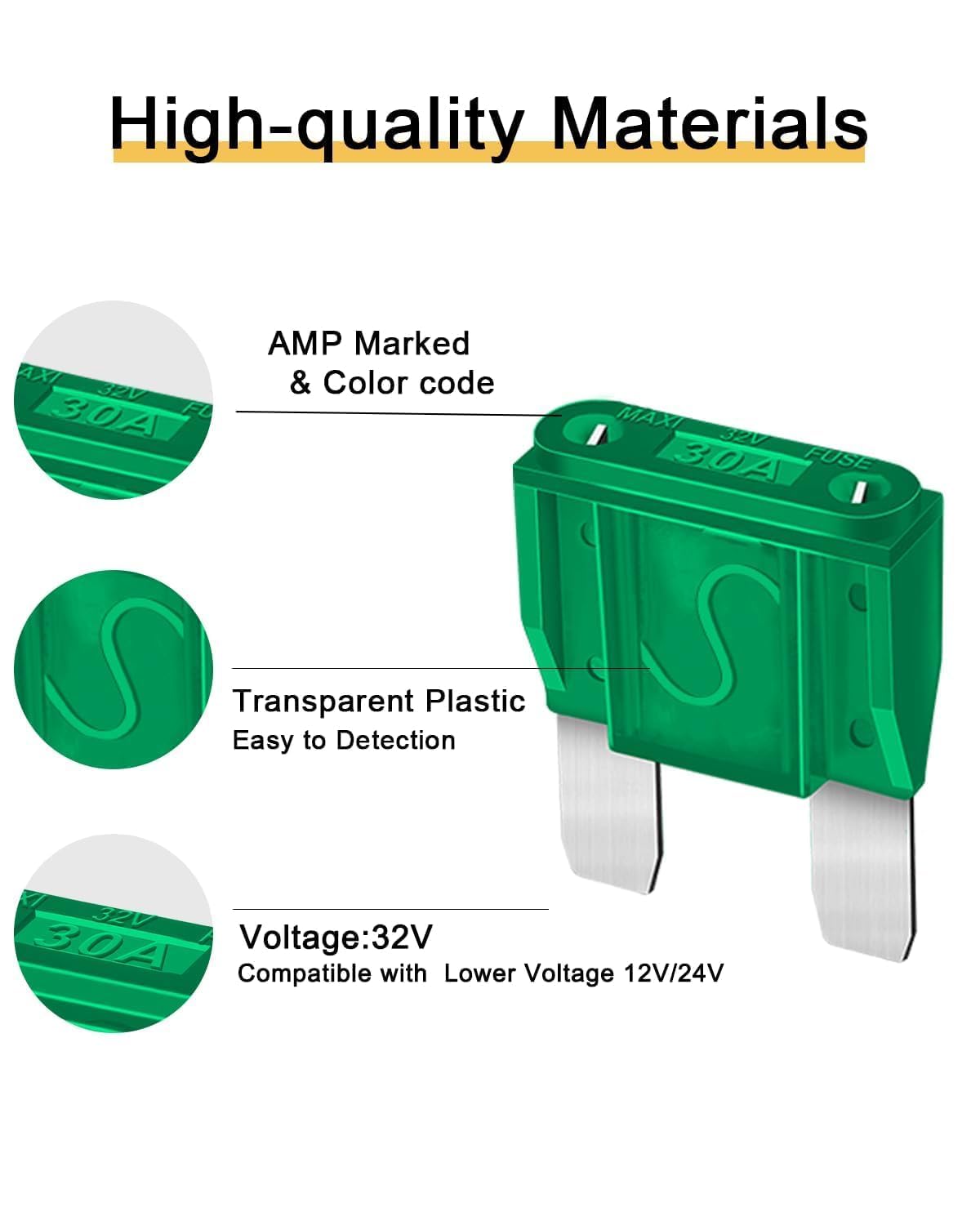 10Pcs 30Amp Maxi Fuses - 30A 32V Automotive Blade Fuse For Auto, Car, Rv, Boat, Truck