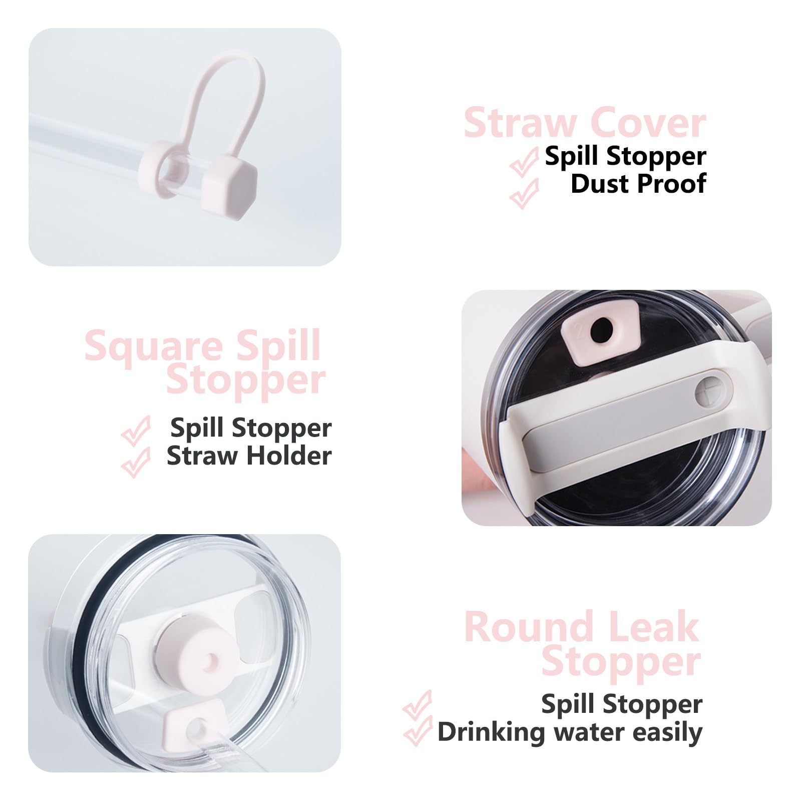 Silicone Spill Stopper Set Compatible With Stanley Cup 2.0 30Oz & 40Oz With Straw Cover (Set Of 4, Rose Quartz)