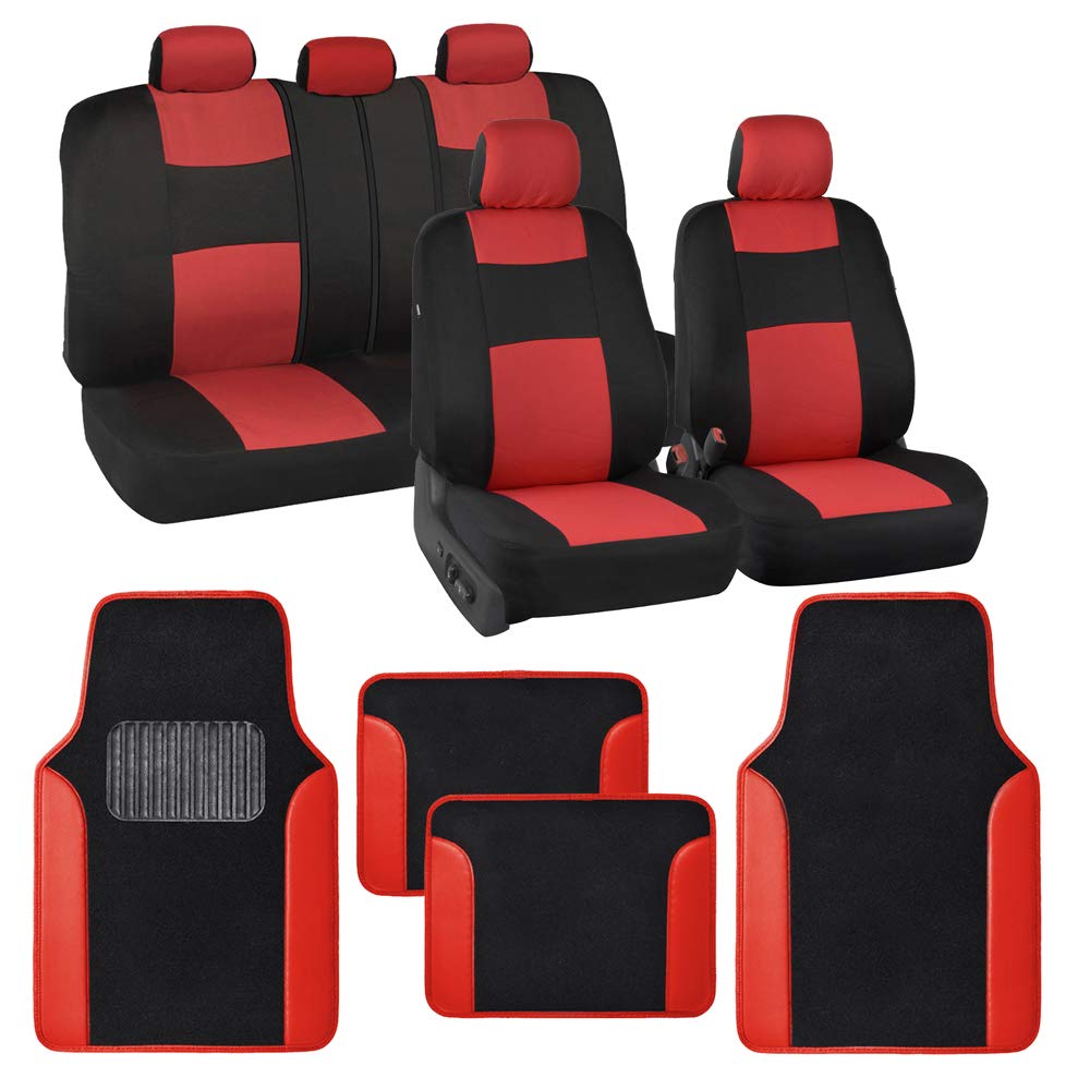 Bdk Polypro Red Car Seat Covers Full Set With 4-Piece Car Floor Mats - Two-Tone Seat Covers For Cars With Carpet, Interior Cover