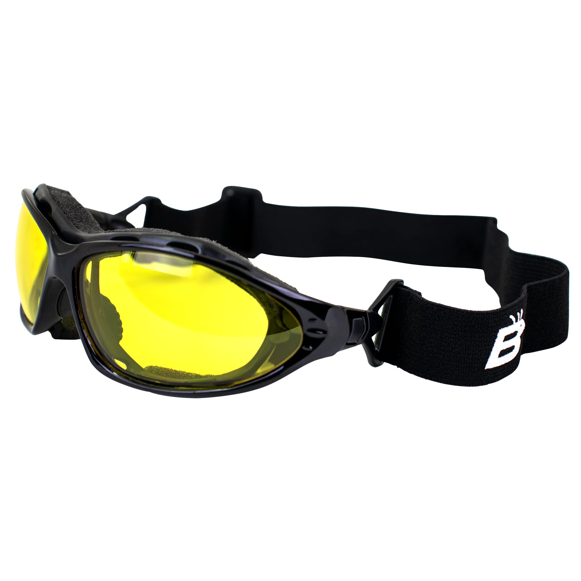 Birdz Eyewear Thrasher Padded Motorcycle Glasses-Convert-To-Goggles (Black Frame/Yellow Lens)