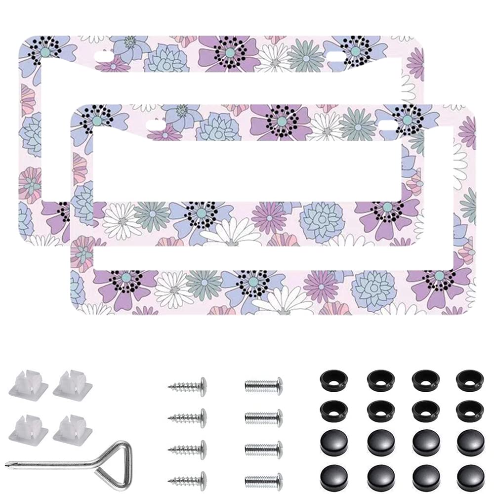 2Pcs Bright Purple Flower License Plate Frames Cover Holders Stainless Steel License Plate Cover With Screw Caps Cover And Screw
