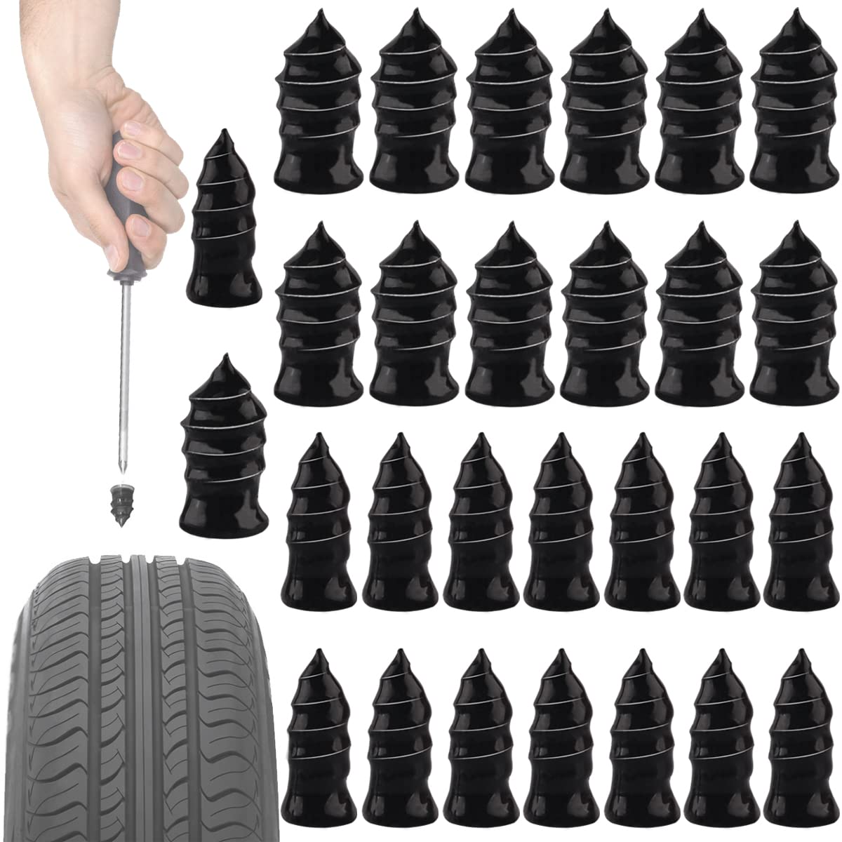 Aosdanting Tire Repair Rubber Nail, 30 Pieces Vacuum Tire Repair Kits Spiral Rubber Nails, For Car Motorcycle Fast Tire Repair Tools