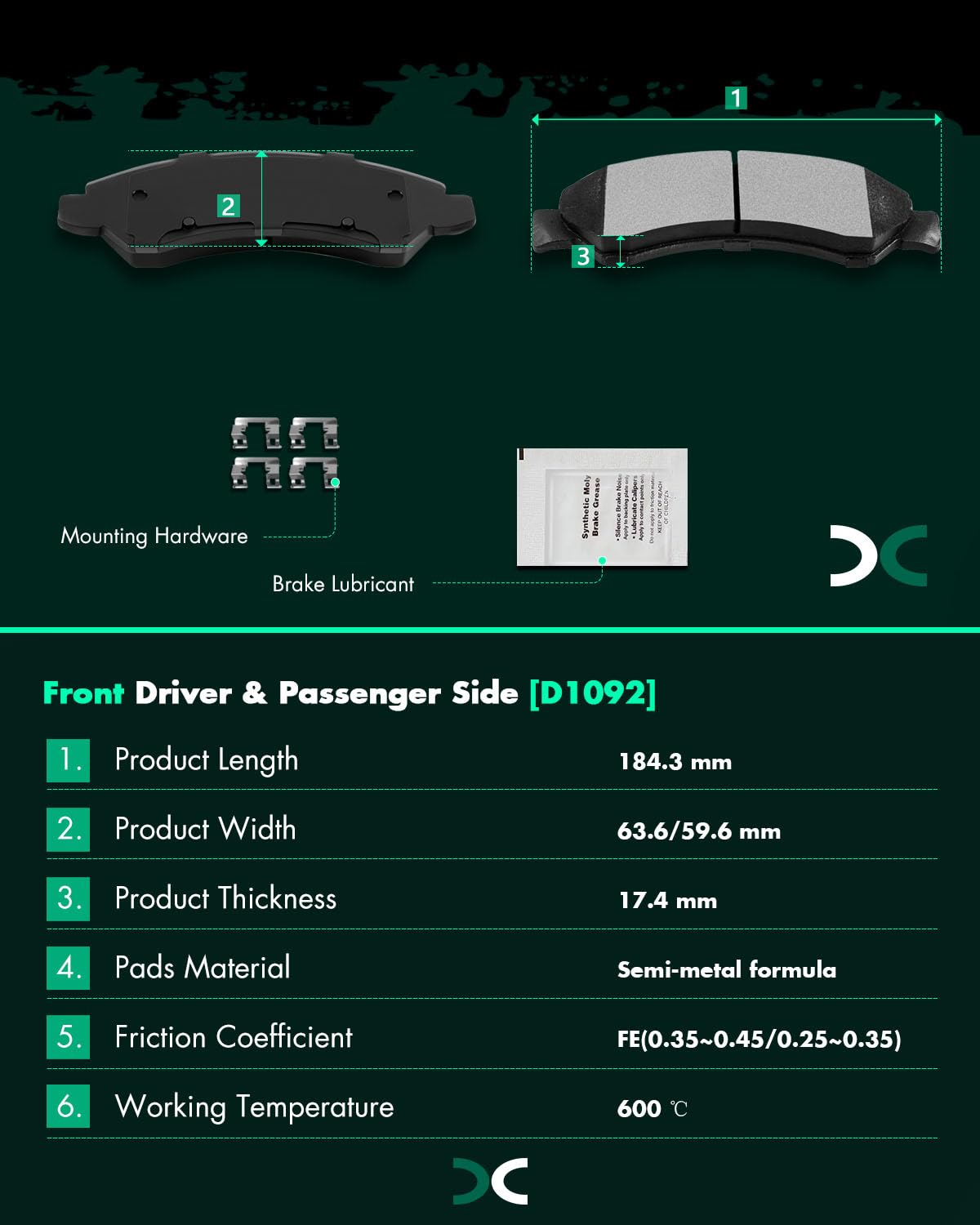 Scitoo D1092 Front Semi-Metal Brake Pads Sets Fit For Cadillac Escalade Esv/Ext,For Chevy Avalanche/Silverado 1500/Silverado 150
