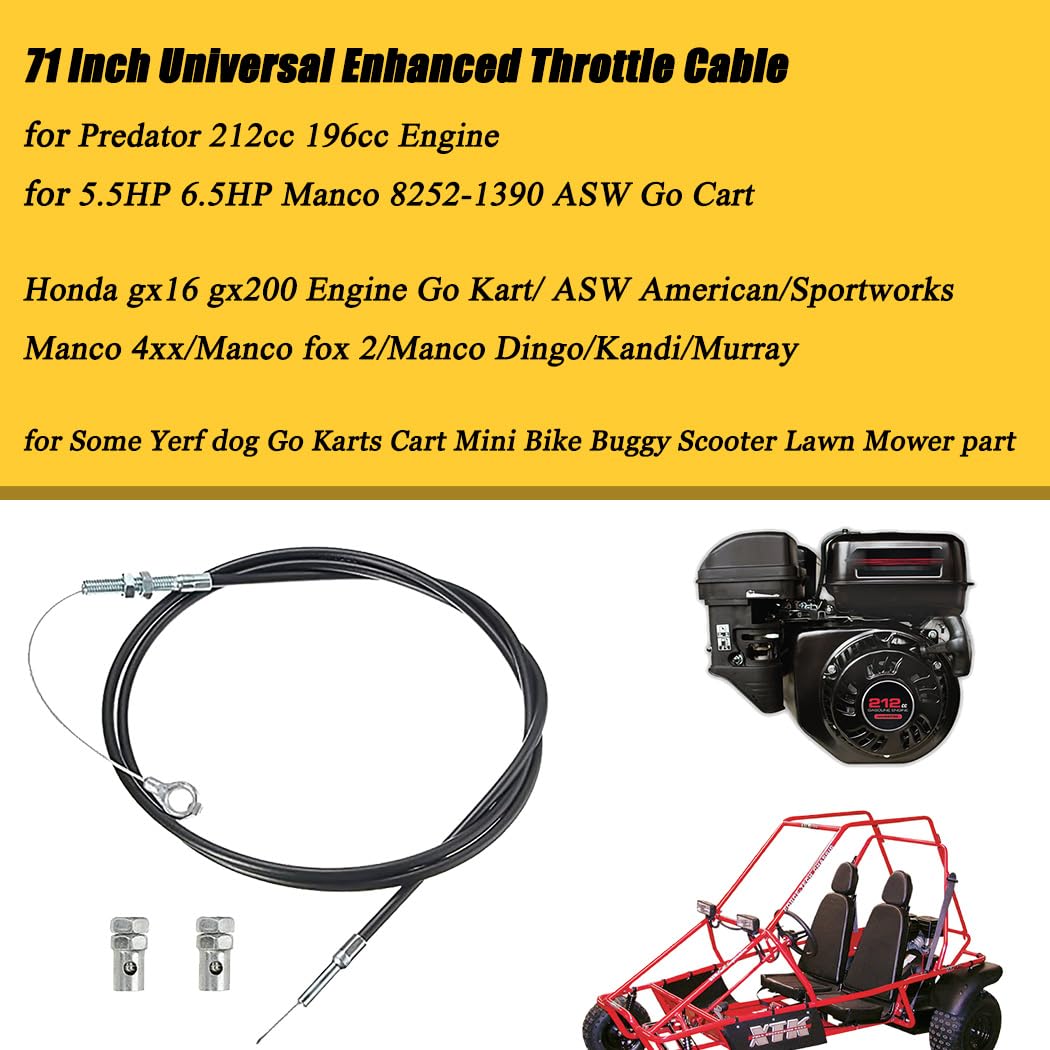 71 Inch Universal Enhanced Throttle Cable For Go Kart Predator 212 Cc Engine Gx160 Gx200 196Cc 5.5Hp 6.5Hp Manco 8252-1390 Asw Go Cart Accelerator Lawn Mower Parts