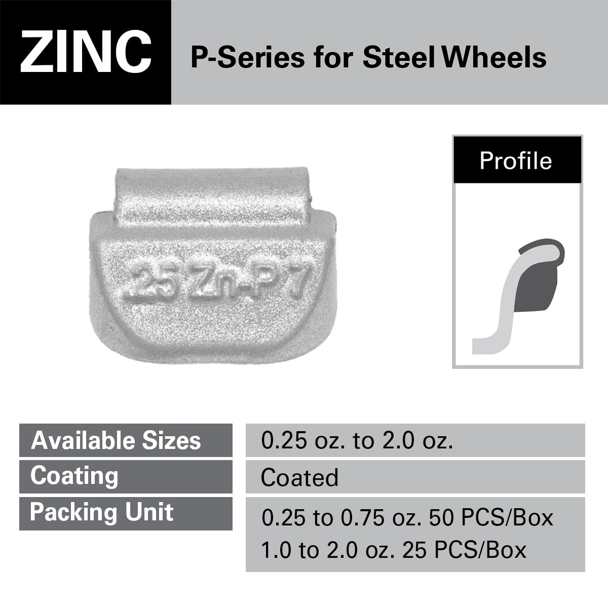 CKAuto P Series Zinc Clip on Wheel Weights 0.25oz, 1/4oz, Coated, 50Pcs/Box Fit for Steel Wheel