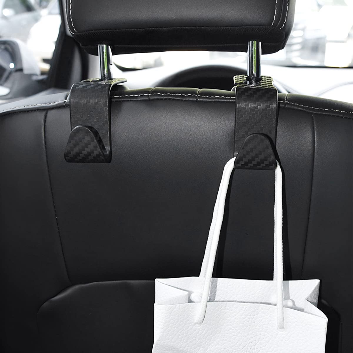 Hanemia Car Back Seat Headrest Hooks, 4 Pack Carbon Fiber Stylish Back Seat Hanger For Car Handbag Clothes Coats Grocery Bags, C