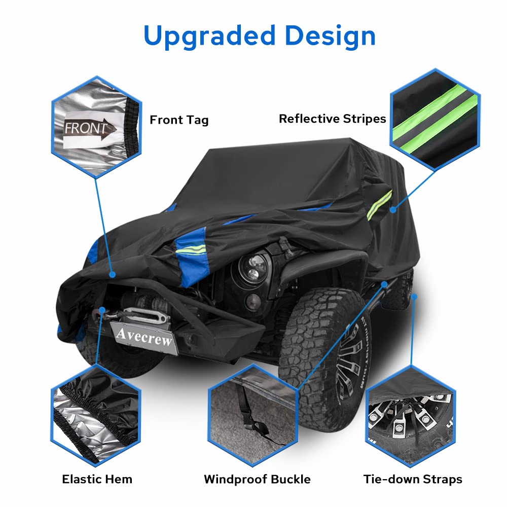 Avecrew Jeep Wrangler Cover, Waterproof 2 Door, All Weather Protection, Black-Blue, Fits JK JL TJ YJ CJ