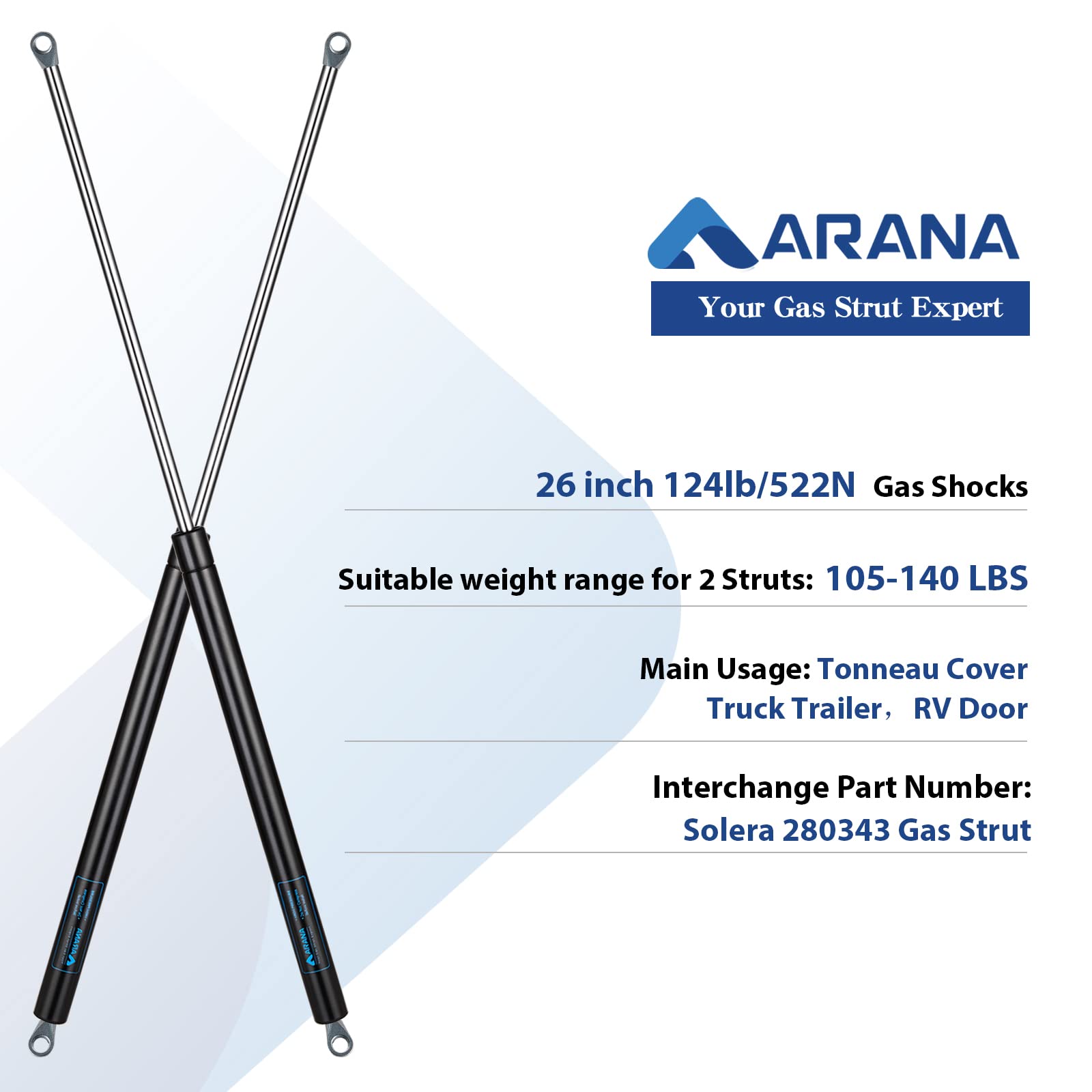 26 Inch Gas Shocks Struts 280343 124Lb/552N Gas Spring Lift Supports For Camper Domestic Trailer Awning Rv Bed Tonneau Cover, 2Pcs Set Arana