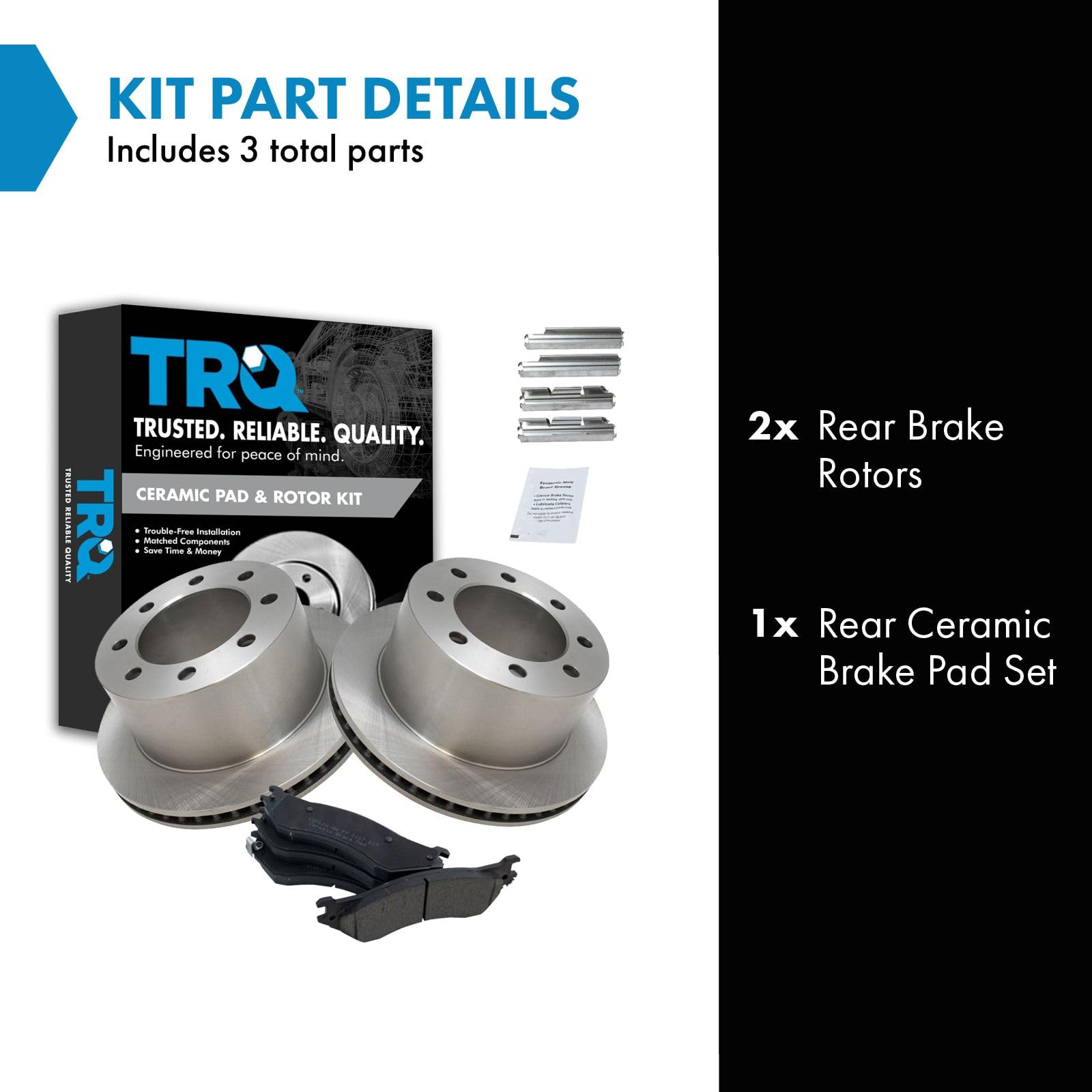 TRQ Rear Brake Pad & Rotor Kit - Ceramic, Model BKA10619, Compatible with 2001-2002 Dodge Ram 2500/3500