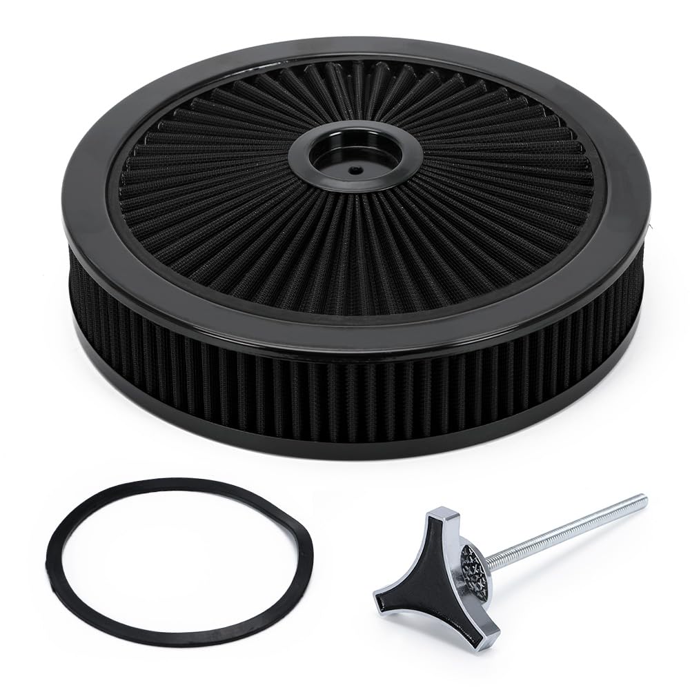 PTNHZ 14x3 Round Air Cleaner Filter Assembly w/Flow-Thru Lid Caburetor High Flow Compatible with Chevrolet GMC Ford Black