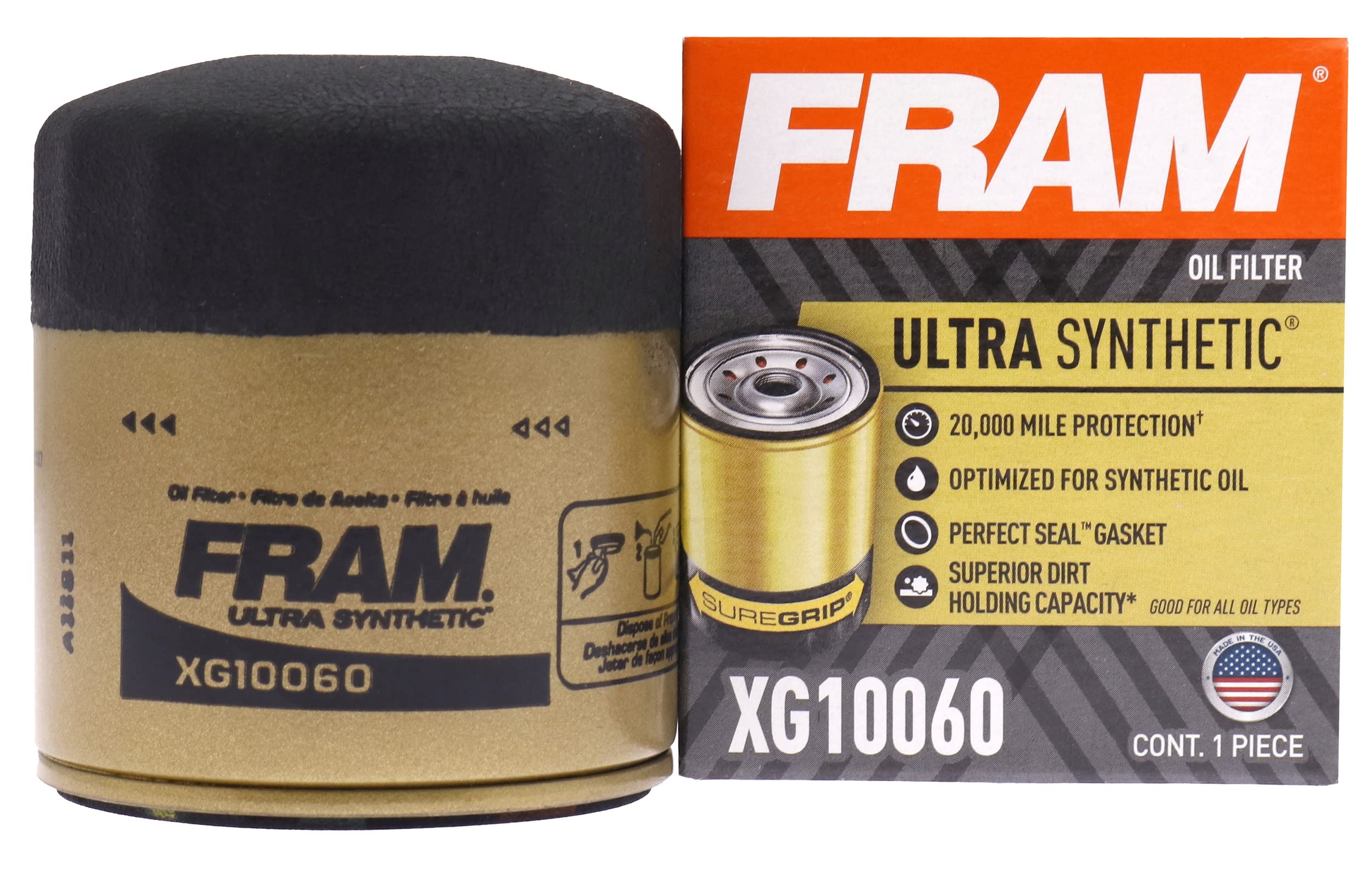 Fram Ultra Synthetic Automotive Replacement Oil Filter, Designed For Synthetic Oil Changes Lasting Up To 20K Miles, Xg10060 With Suregrip (Pack Of 1)