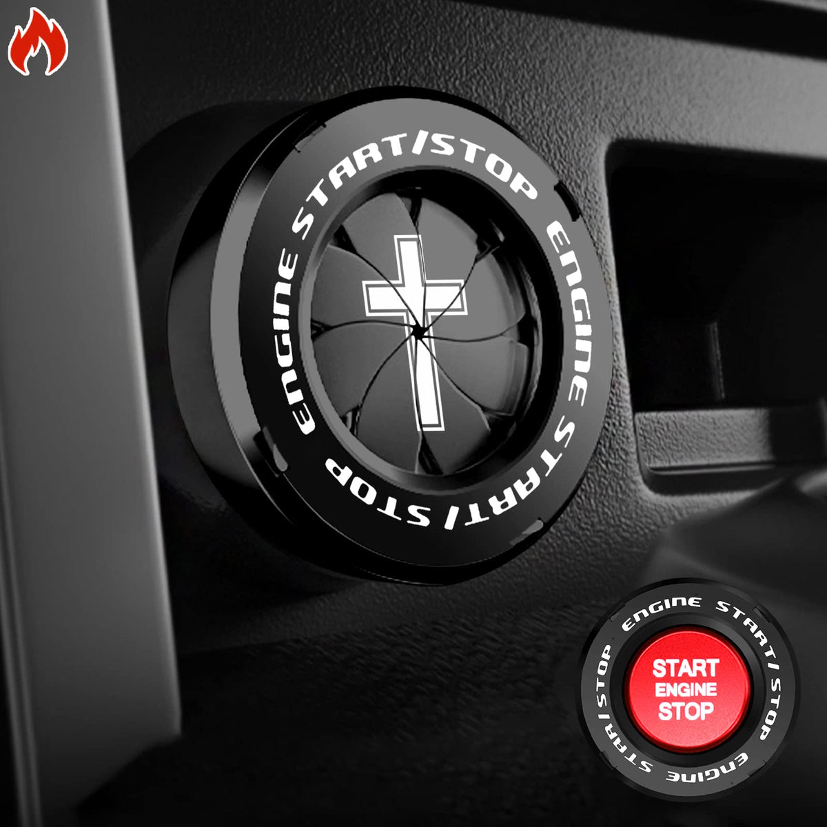 Tybasthe Rotary Push Start Button Cover, Cross Car Accessories Engine Start Stop Button Cover, Car Stickers Interior Decor, Moto