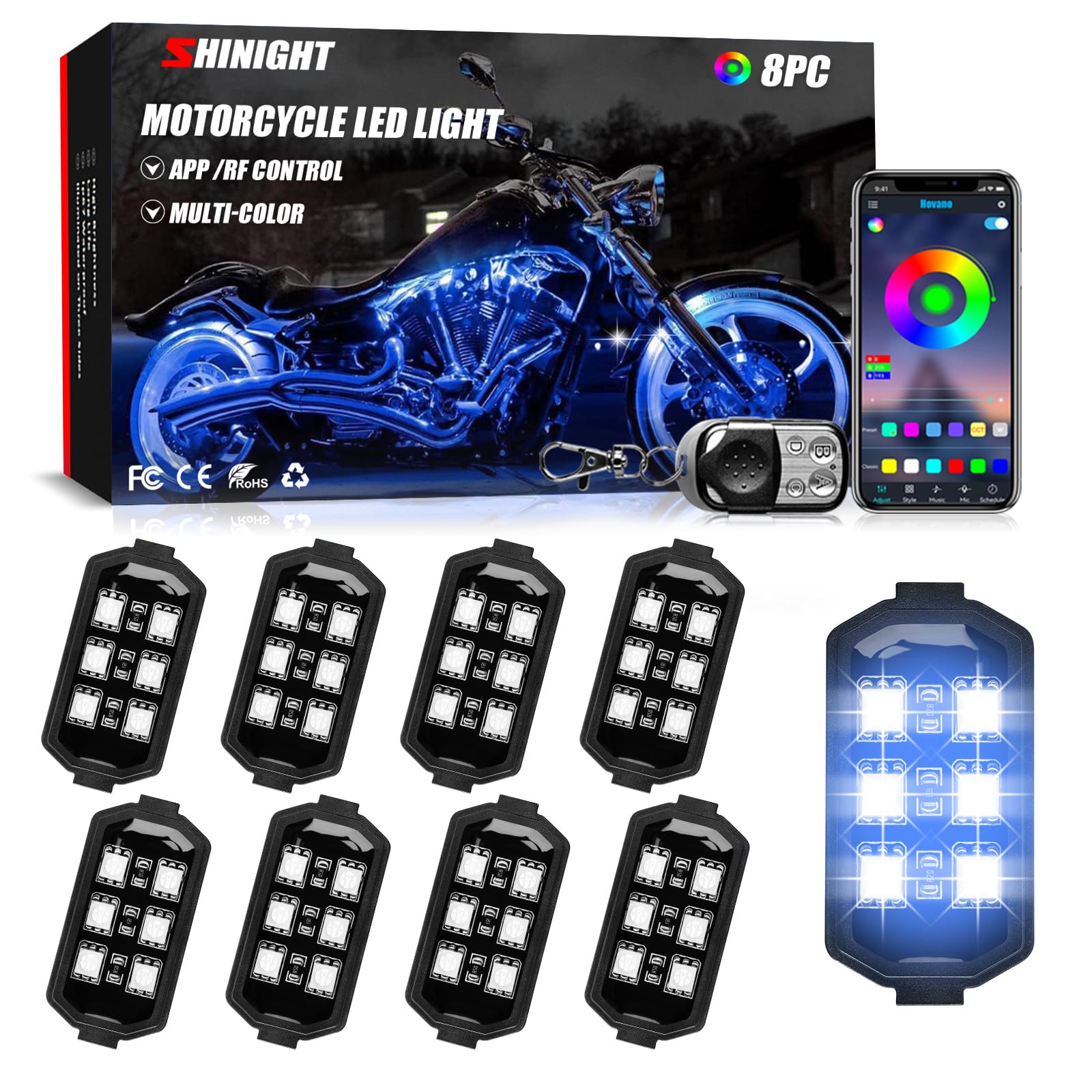 Shinight 8 Pcs Motorcycle Led Light Kits, App Control Multicolor Waterproof Motorcycle Led Strip Lights With Rf Remote, Music Sync & Multiple Scene Modes Rgb Led Lights For Motorcycles