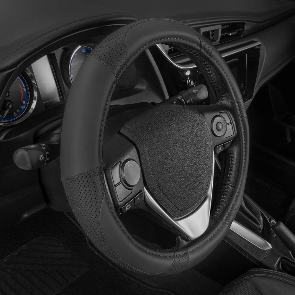 Motor Trend Perforated Microfiber Leather Steering Wheel Cover For Cars Trucks Suvs Vans, Sporty Racing Improved Grip Anti-Fatigue Ergonomic Design, Airbag Compatible - Fits Standard 15' Inch - Black