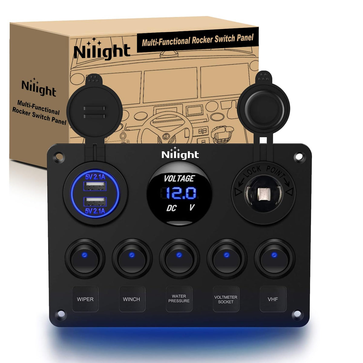 Nilight 90101E 5Gang Multi-Function 5 Gang Rocker Dual Usb Charger + Digital Volmeter +12V Outlet Pre-Wired Switch Panel With Ci