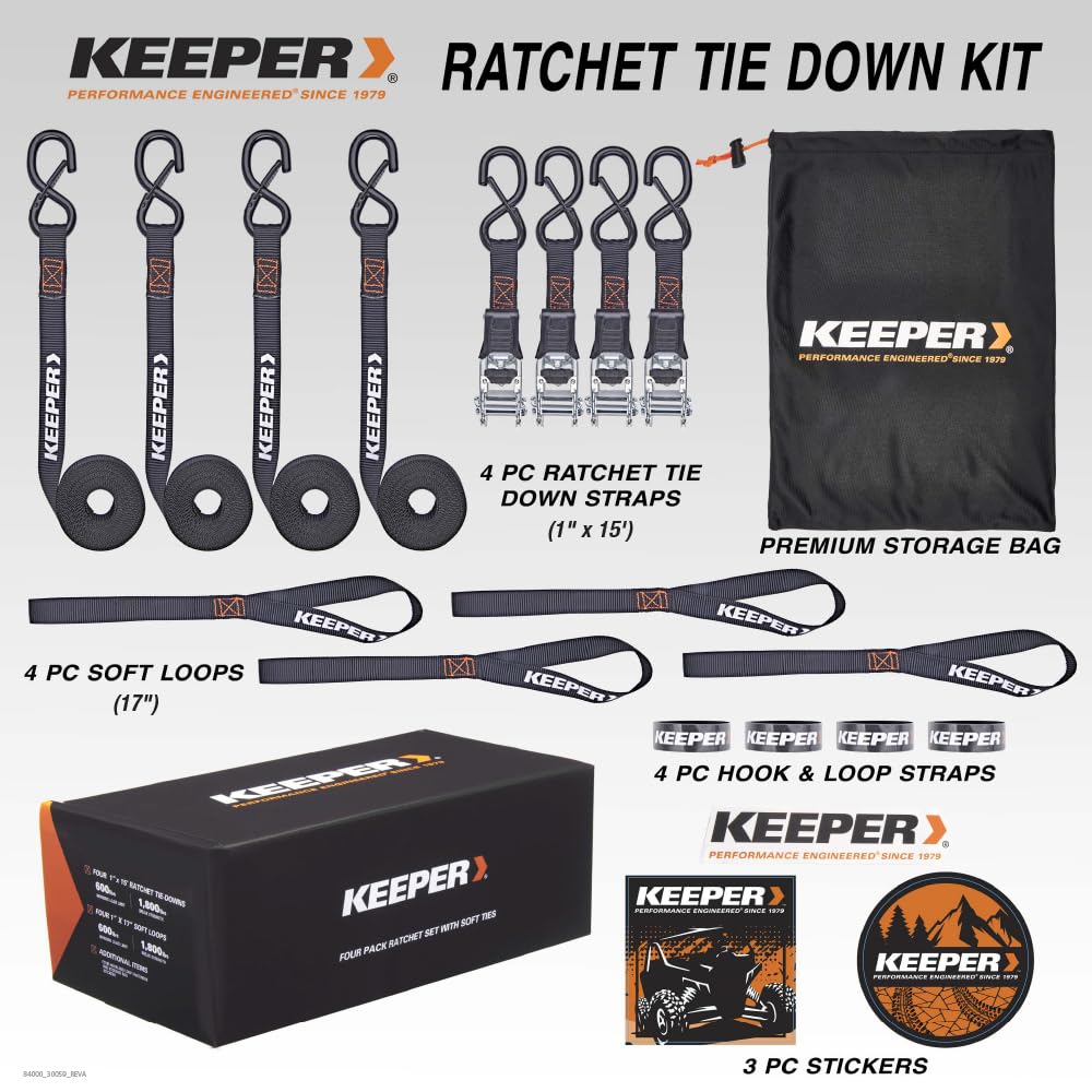 Keeper Ratchet Tie Down Kit (4PK) - 1800lb Max Break Strength, Includes (4) Premium 1'' x 15' Rachet Tie Down Straps with Padded